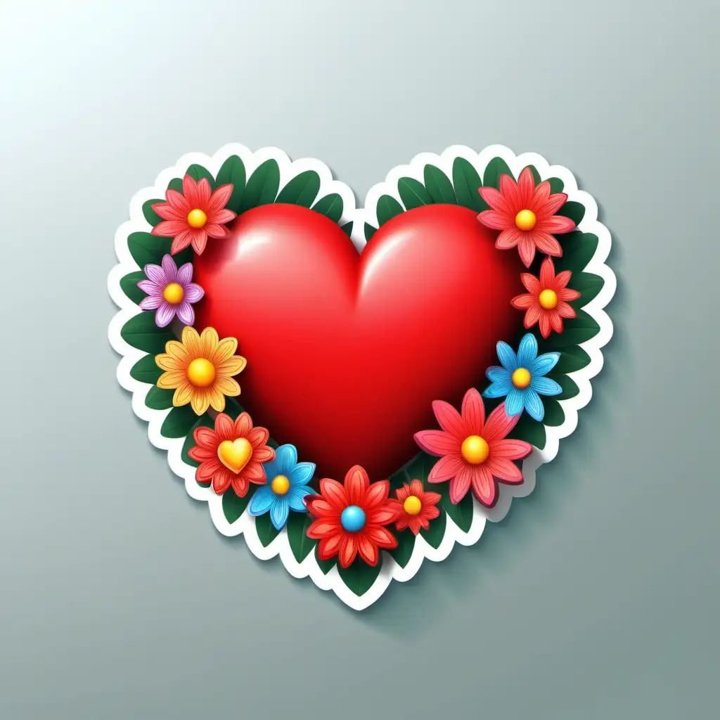 Sticker, cartoon, floral border around a red Heart, 3d vector, white 
background 