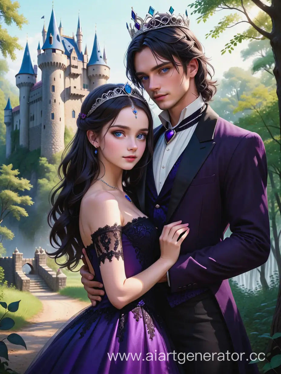 Enchanted-Forest-Romance-Darkhaired-Girl-and-Whitehaired-Guy-Embrace-by-Castle