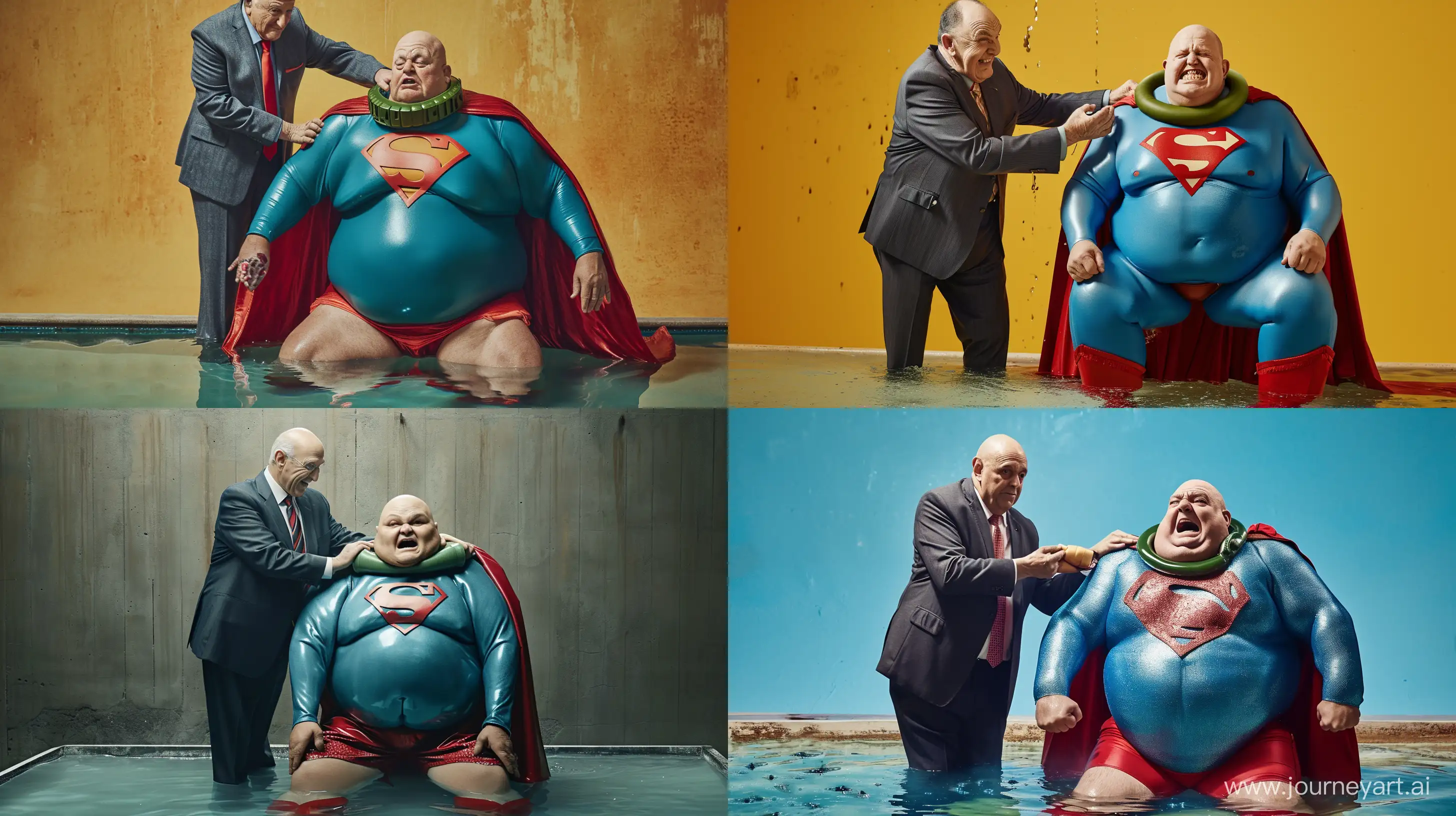 Photo of two characters together. There is an angry fat man aged 70 on the right dressed in a slightly shiny blue superman costume with a big red cape, red boots, and red trunks sitting in a shallow pool. There is a happy obese man in a suit standing above him and tightening a heavy shiny green collar around the neck of the man on the right. --style raw --ar 16:9 --v 6