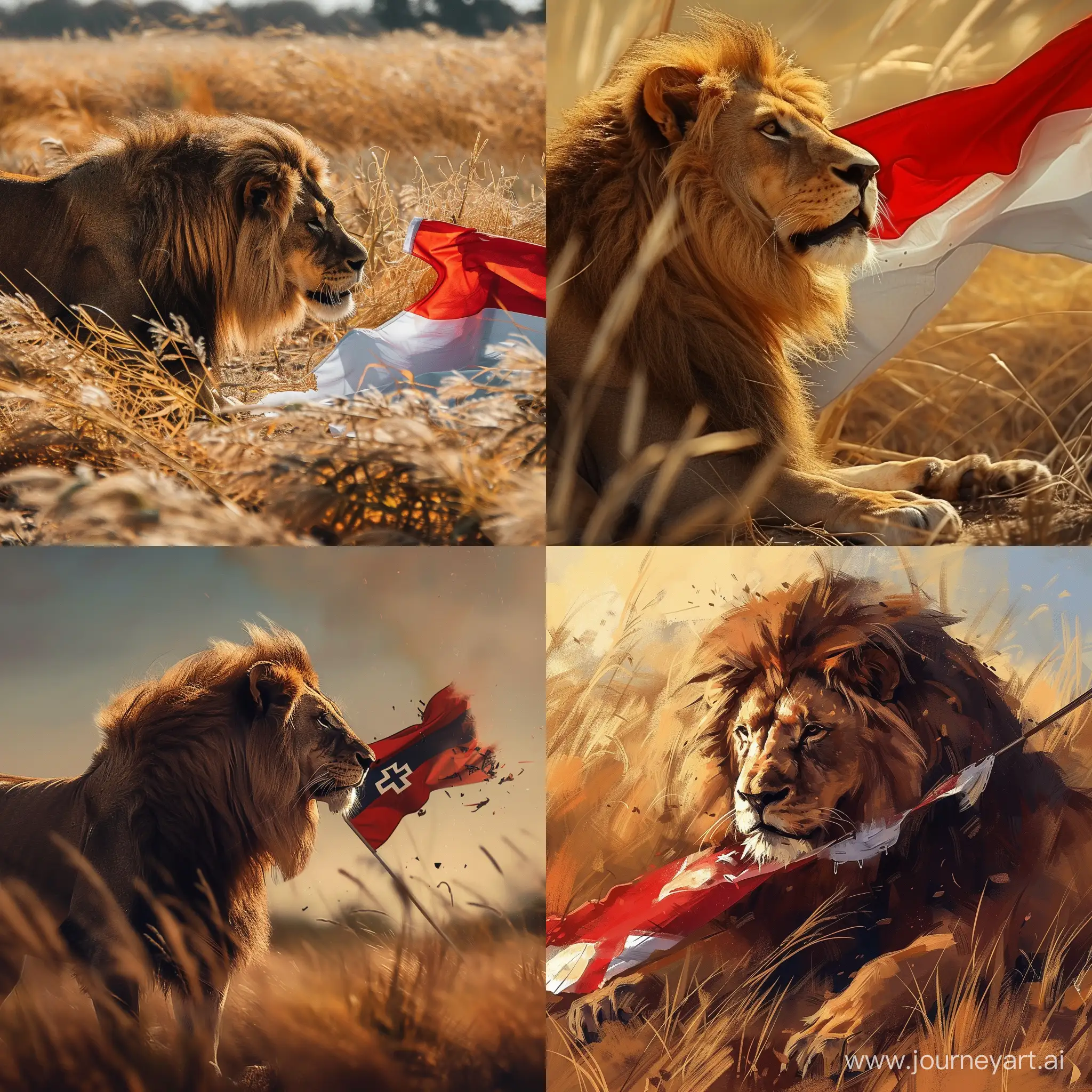 Lion in the savanas tearing up flag of Poland.