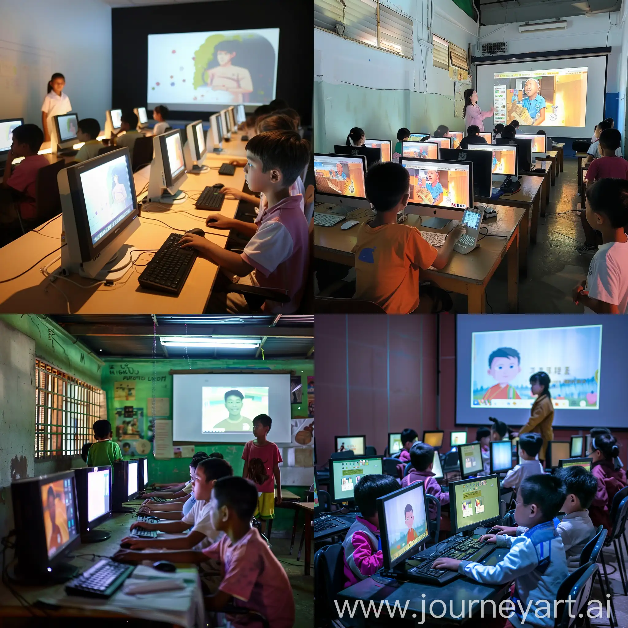 childrens are doing homework in computer lab where teacher is teaching using projector