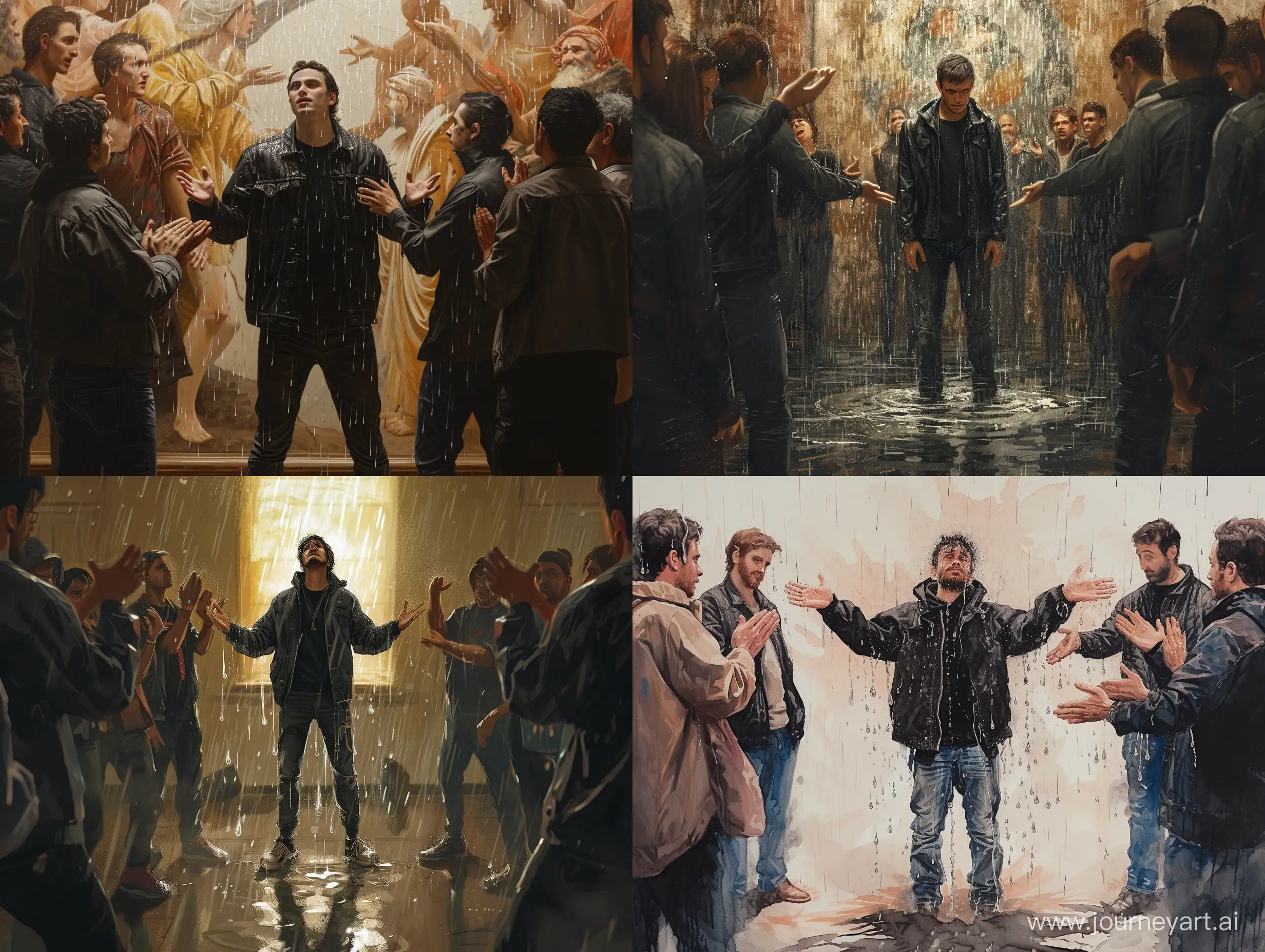 the man that makes rain standing in the middle with a black jacket and jeans, and others praising him, michelangelo artstyle