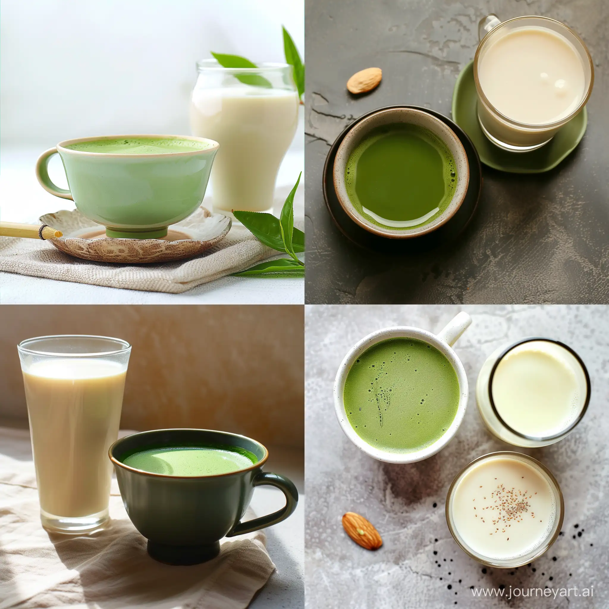 Real photo of a cup of matcha tea and a glass of almond milk. All details are natural, real and accurate.