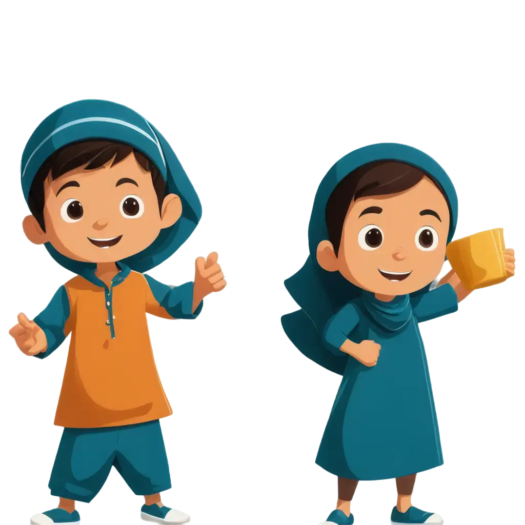 in cartoon style, muslim kids with kopiah