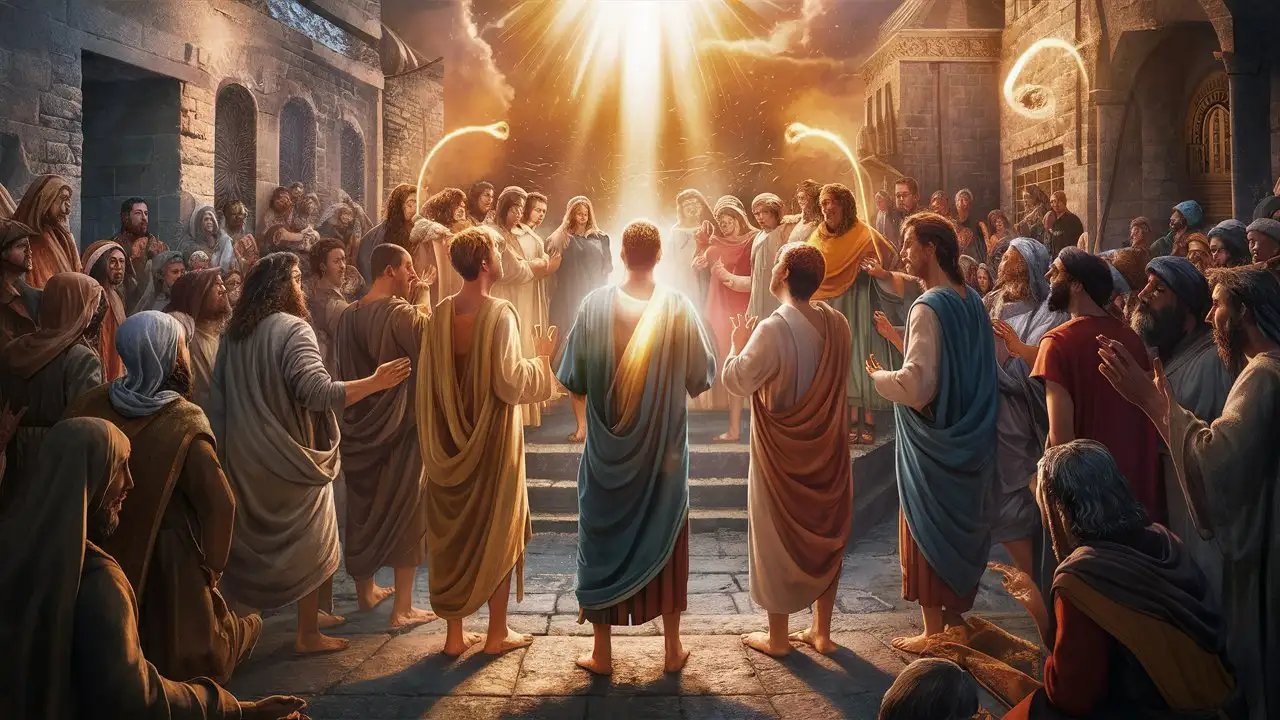 ultra 8k hd, Create an image showing the disciples emerging from the upper room after receiving the Holy Spirit, with crowds of people gathered in the streets of Jerusalem, representing the diverse nations and languages. The scene conveys a sense of excitement and wonder as the disciples begin to preach the gospel, leading to the formation of the early Christian Church.