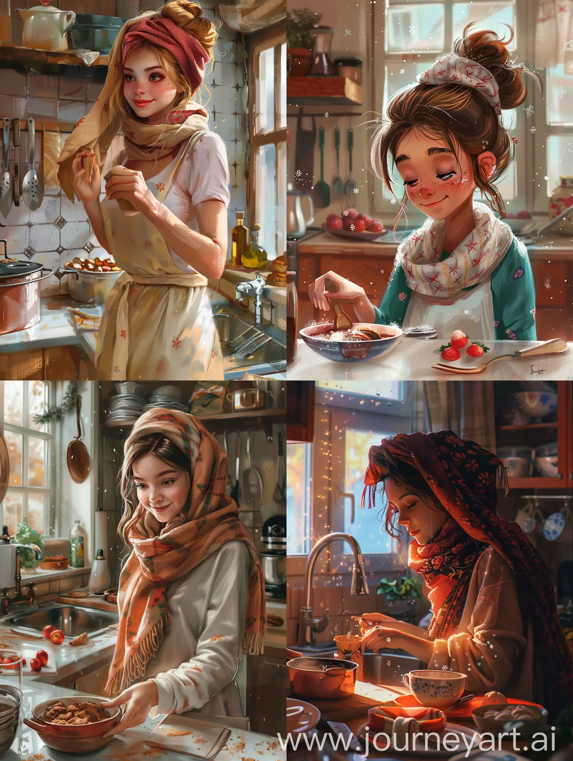 домашний кондитер, готовит сладости, уют, кухня, мило, платок на голове,  арт,
реализм, эстетика, красивое изображение, иллюстрация,