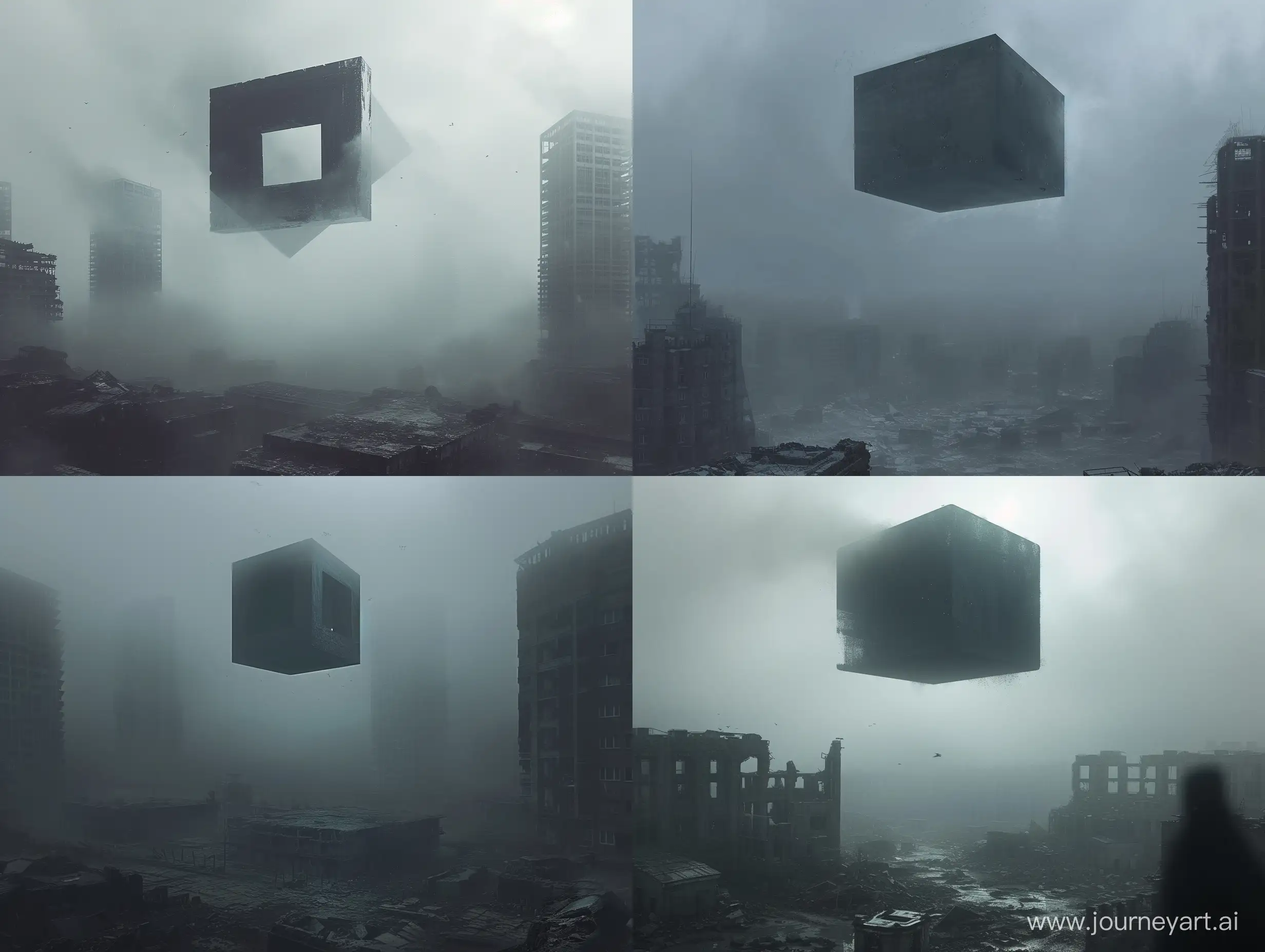 concept art by Alexey Andreev concept art dark scp bioarchitecture, flying square object, foggy weather, hovering over city ruins
