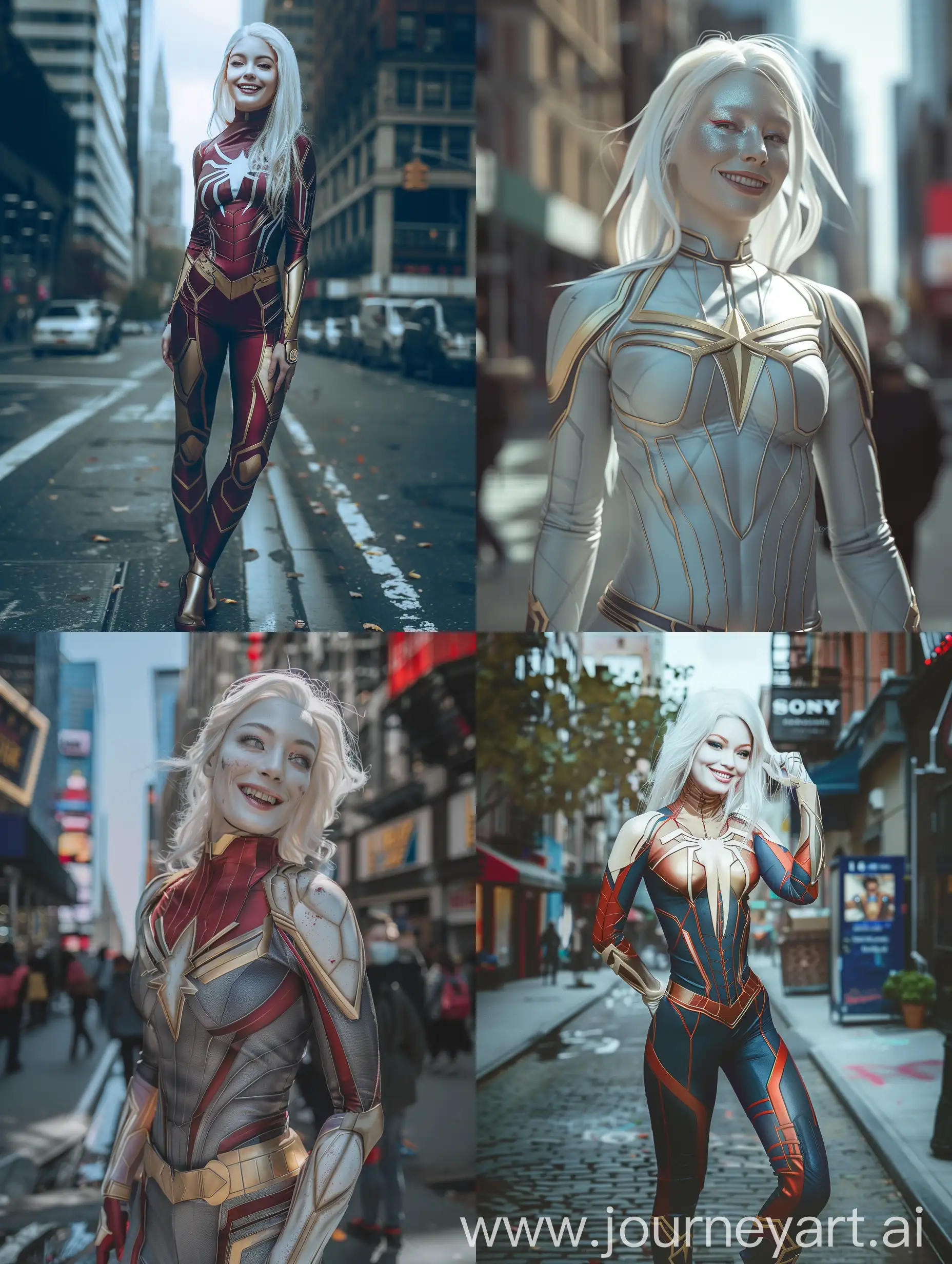 Ultra-realistic, full body, wide angle, photo shot on a Sony a7III of
A beautiful super heroine wearing a tight superhero suit, standing proud in a NYC street, make-up and smirk, white pale skin, mesmerizing but natural appearance.

Camera photo, detailed, lifelike, ultra detailed, HD, 16K Ultra High-res, Full-length portrait, full body shot, head to toes, wide angle, zoomed out, full figure visible.