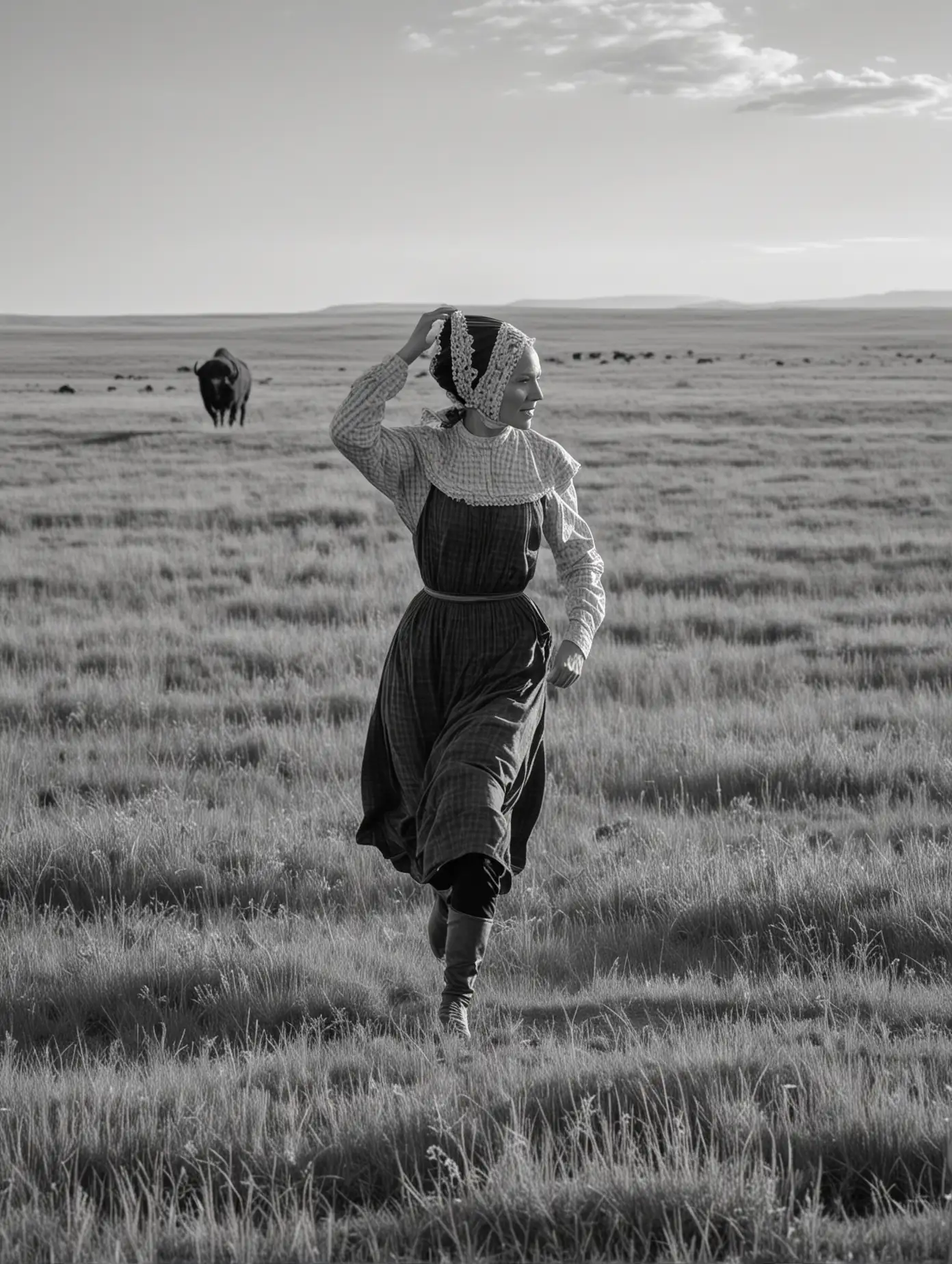 Prairie Pioneer Woman Running Amidst Buffalo Herd