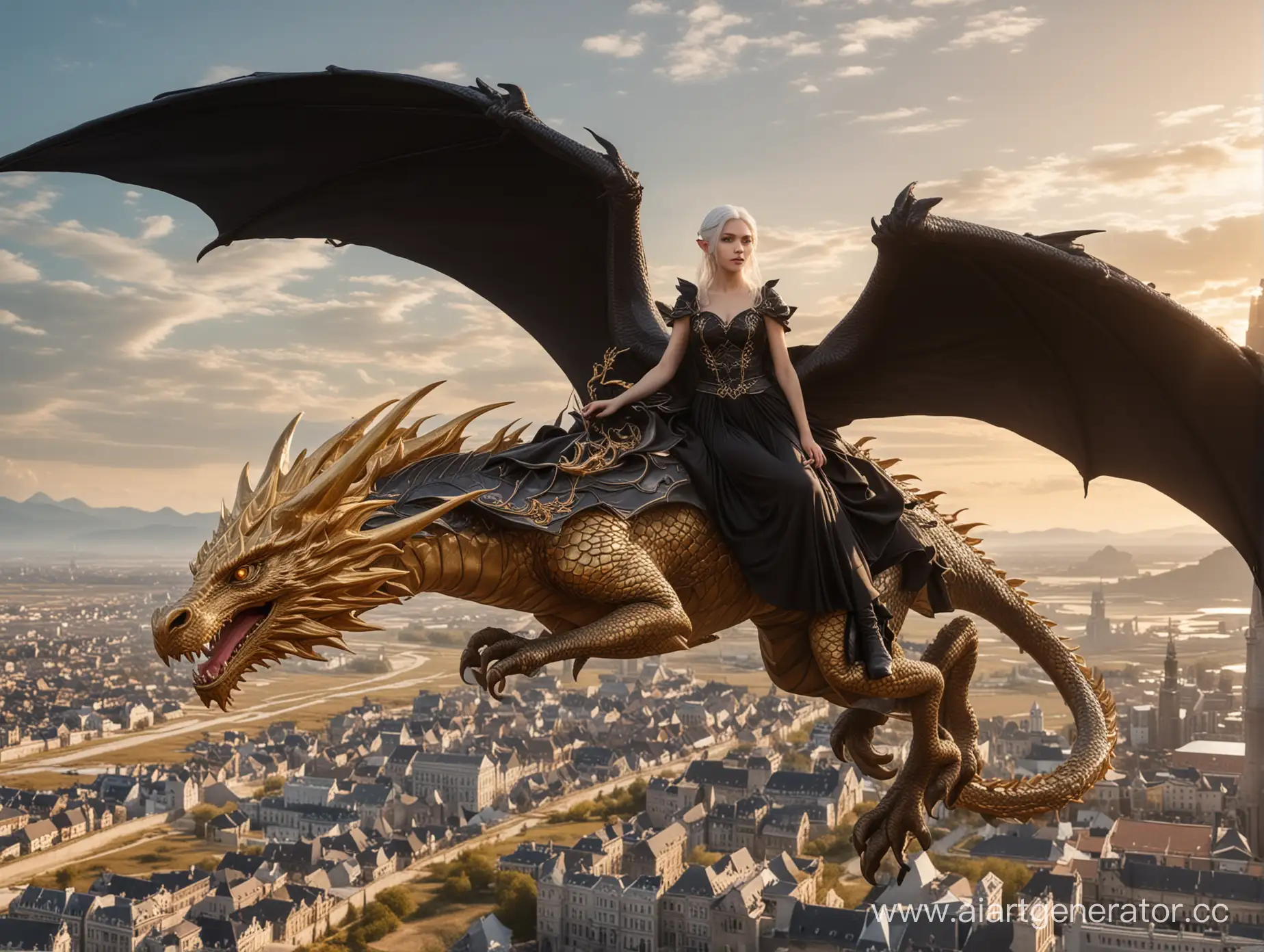 Majestic-WhiteHaired-Elf-Riding-Golden-Dragon-Over-City-and-Fields