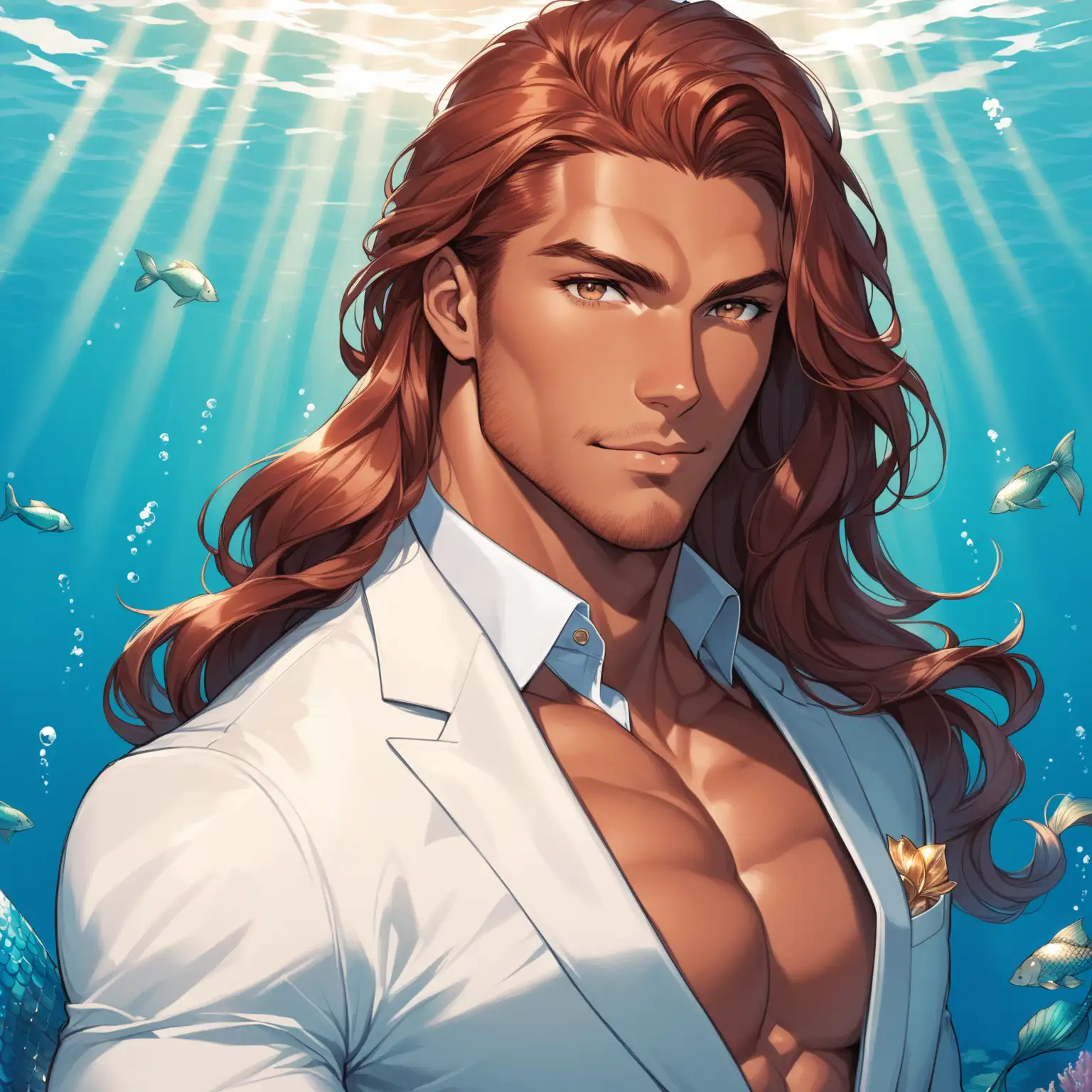 A tall, handsome and muscular man with long wavy auburn hair and light brown eyes. His skin is tan. He often wears a tailored suit, giving him a sophisticated and polished appearance. His physical presence exudes confidence and power, adding to his allure. Have him in mermaid 