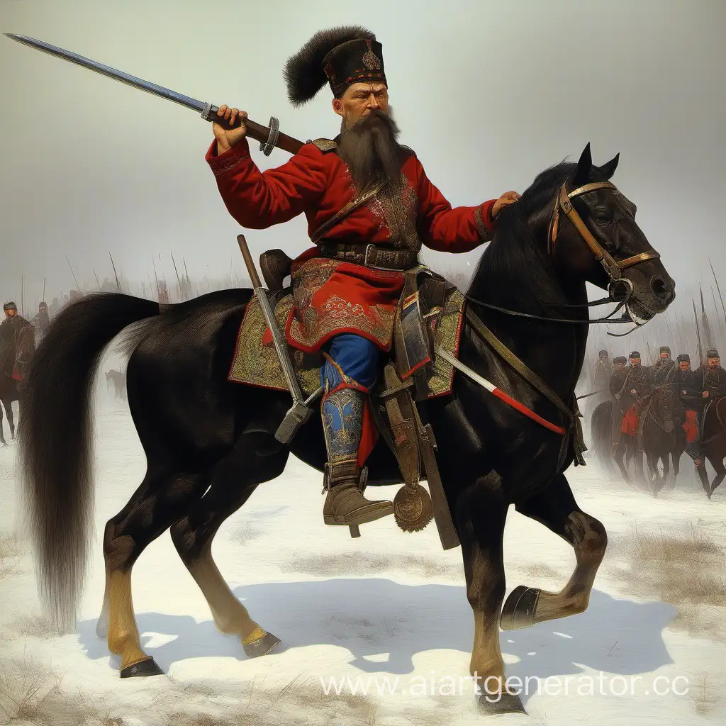 ТАрас Бульба украинский казак на боевом коне с саблей и ружьем