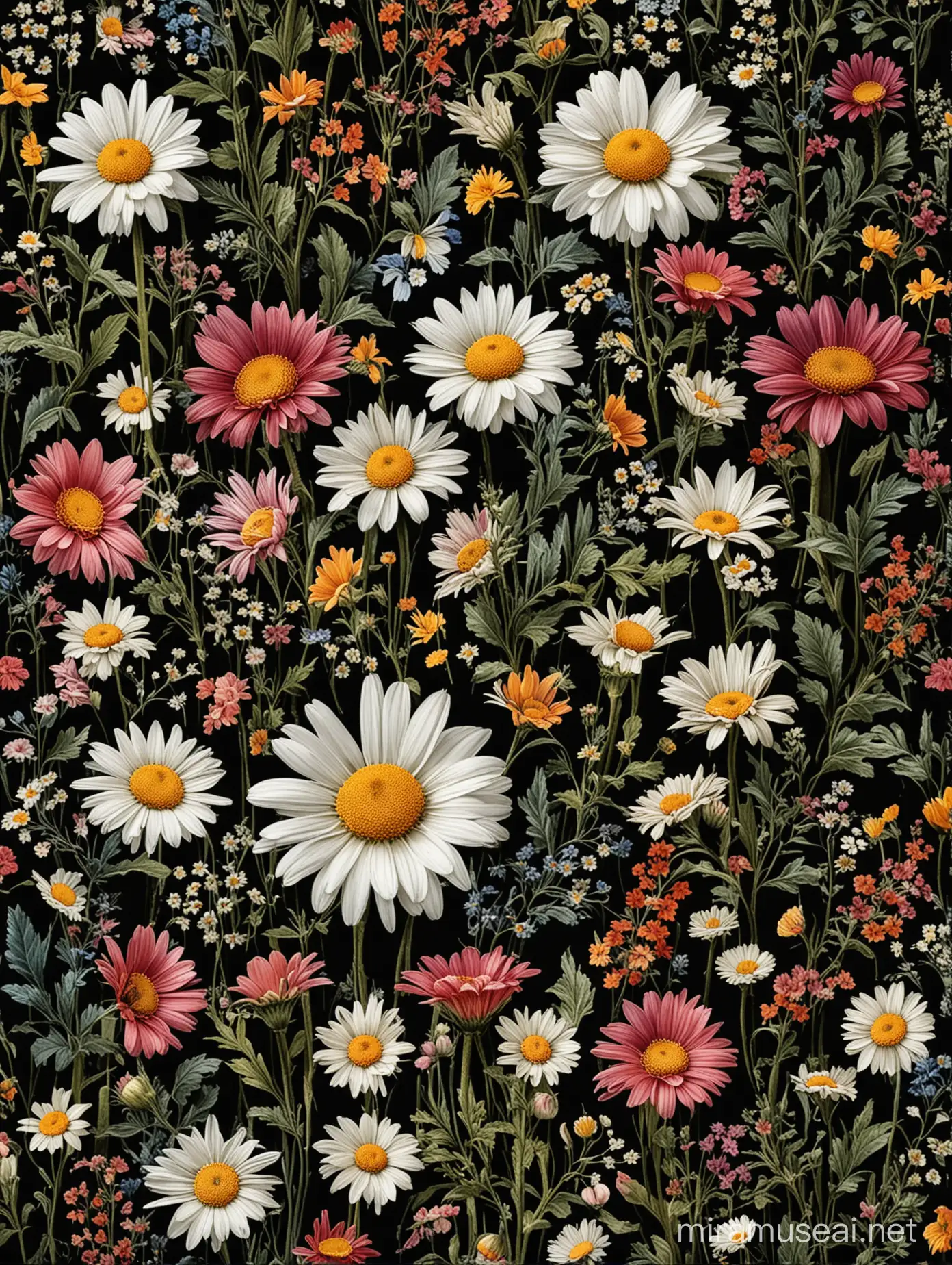 natural-big-1-daisy-MULTI COLORS-wild-flower-botanical-in-stylish-decorative on black background