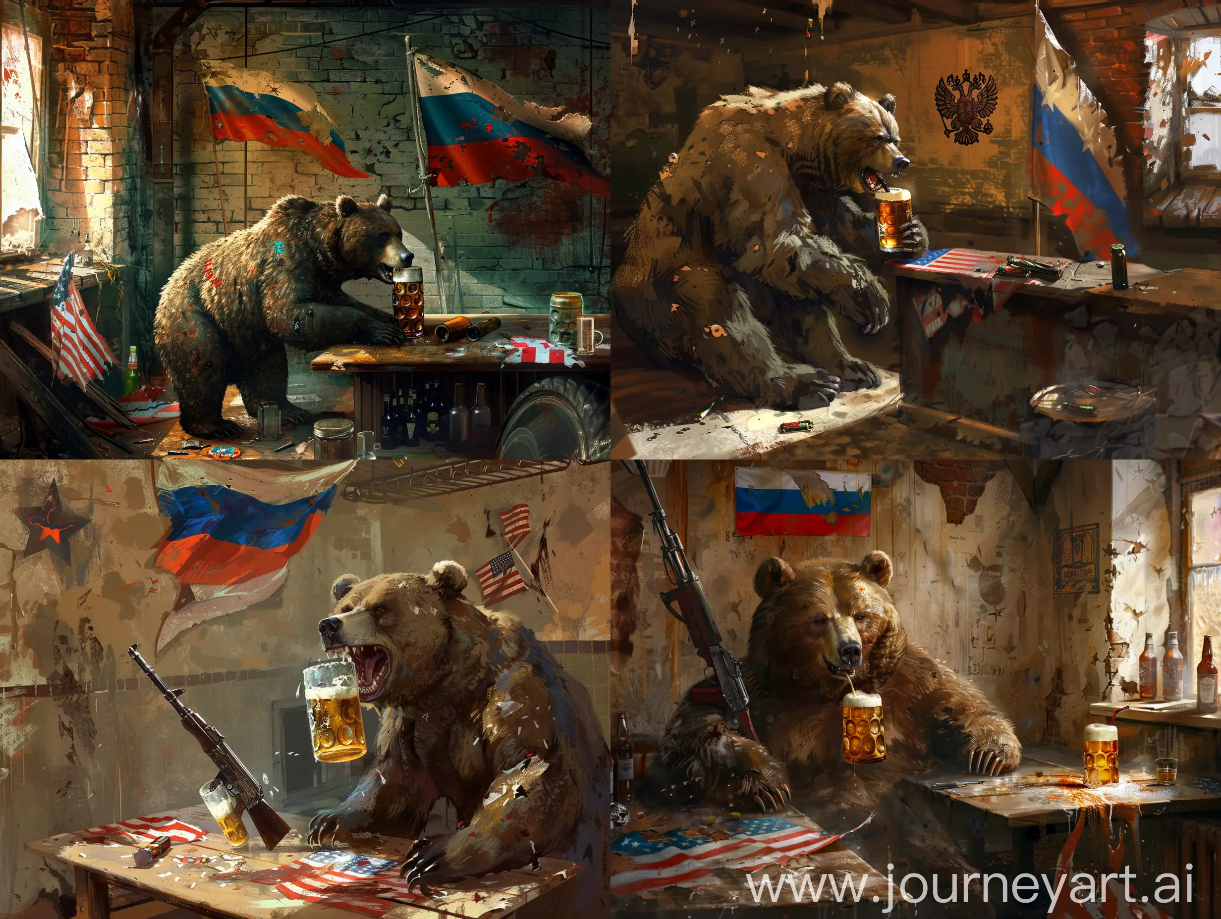 Дикий пьяный вооруженный медведь пьёт пиво в старом полуподвале Бара. На стене флаг России. На столе порванный американский флаг. С Днем Защитника Отечества! 