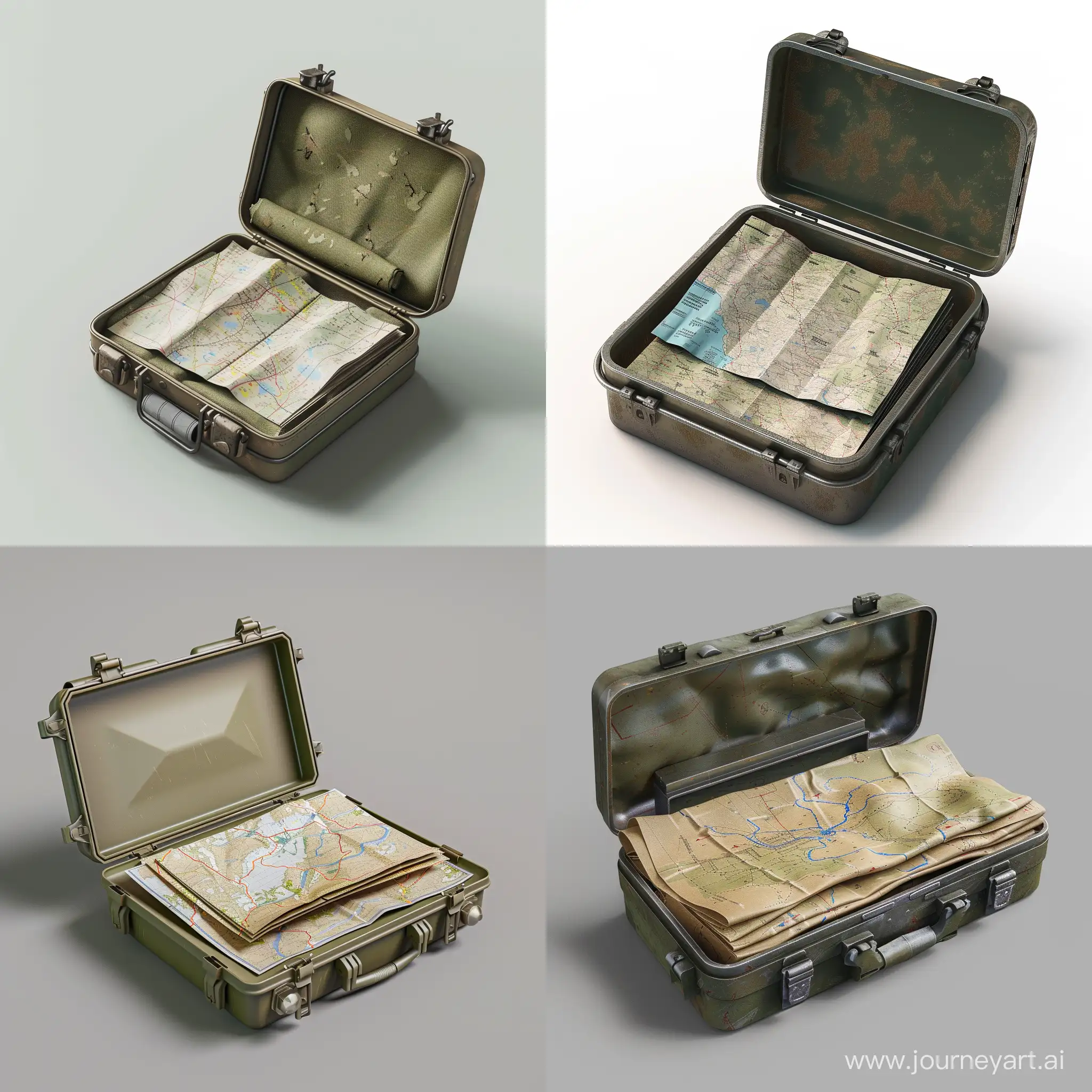 isometric military mapping cartographic kit folded paper in small thin opened military metal case, 3d render, no background