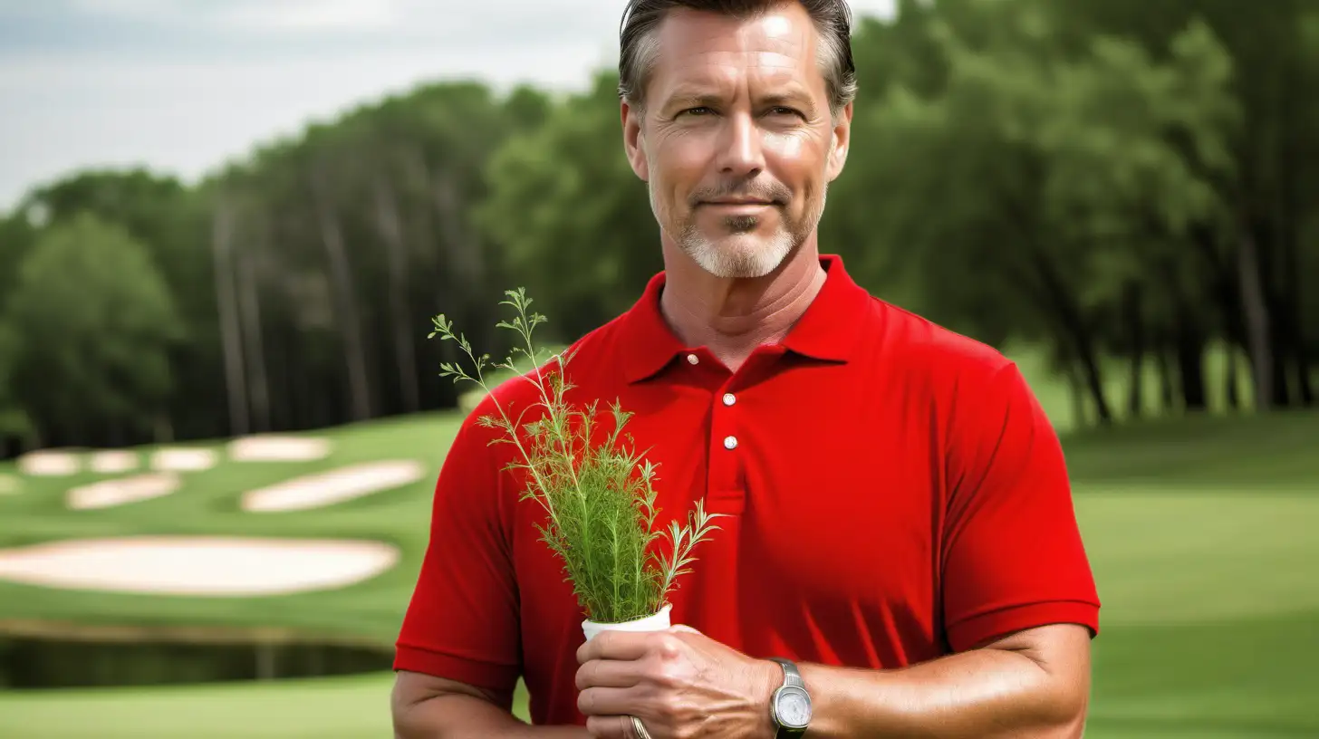Handsome American man, 45, on golf course. Red polo shirt. He holds some herbs in his hand