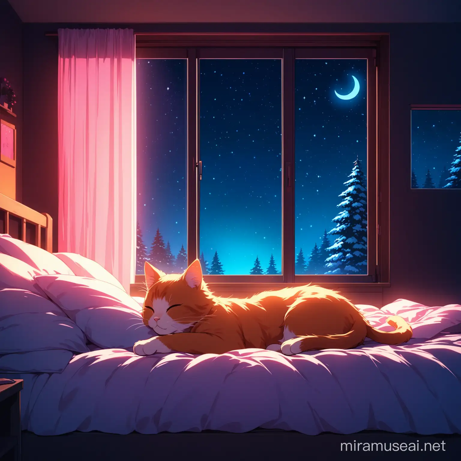 8k,a big Warm room, bed next to the window, dark night outside, beautiful girl sleeping on the bed ,winter, beautiful reassuring light, colorful neon, A little cat sleeping next to the shamnia
