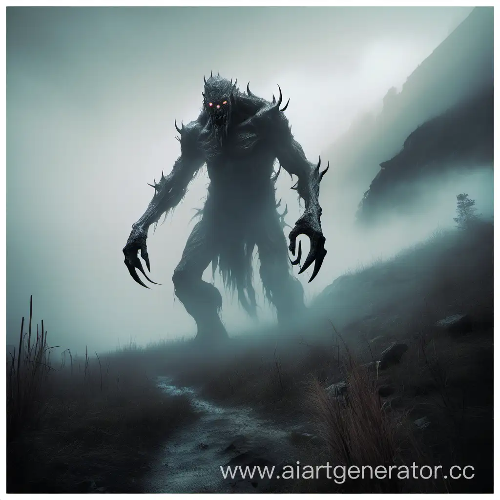 Монстр ревенант в гористой местности  в густом тумане