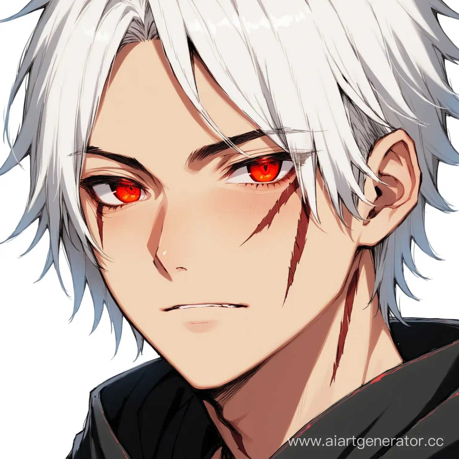 a young guy with white hair and red eyes and a scar under his left eye