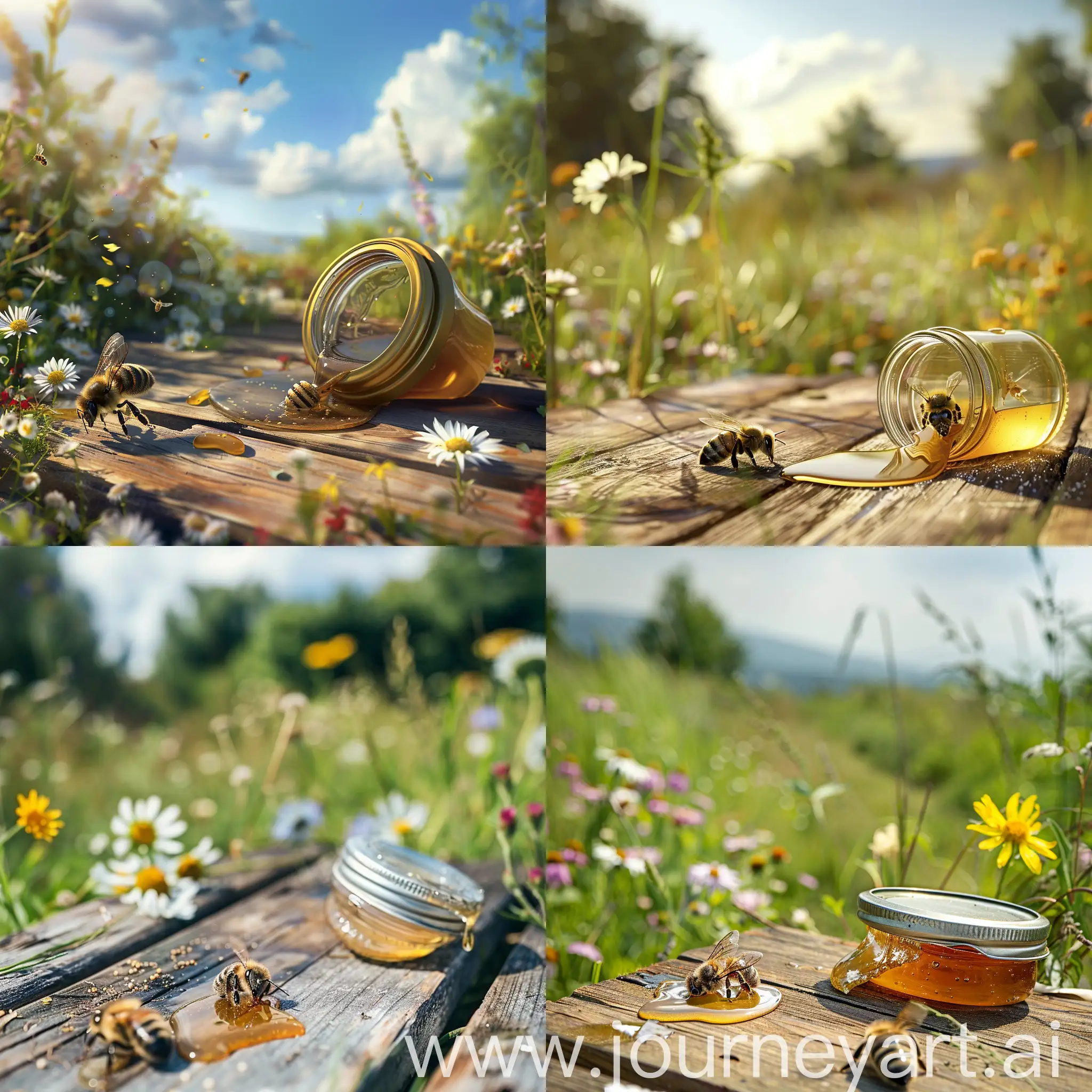 Umgefallenes offenes leeres Schraubglas liegt auf einem Holztisch im Freien. Eine kleine Honigbiene sammelt ausgelaufenen Honig vom Tisch. Der Tisch steht auf einer Wiese mit blühenden Wildblumen.