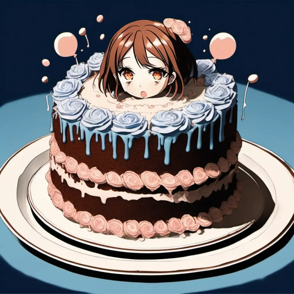 **Art Style:** Anime

**Composition:**
- The cake is centered on a paper plate.
- The woman's head-shaped cake has a bun, and it's positioned slightly tilted to one side.
- Tears are falling from the eyes, creating a dynamic angle.

**Subject:** 
- The main subject is a cake in the shape of a woman's head with brown hair.

**Visual Elements:**

- **Characters:**
  - **Face:**
    - **Eyes:** Overflowing with tears.
    - **Nose:** Delicate and slightly pointed.
    - **Lips:** Pouty and downturned.
    - **Hair:** Neat bun with strands falling on the cake's face.
    - **Complexion:** Smooth and cake-like.

  - **Body:**
    - **Height:** Proportional to the cake's head.
    - **Build:** Cake-like structure.
    - **Shape:** Round, resembling a head.
    - **Proportions:** Cake proportions.
    - **Breasts:** N/A (not visible).
    - **Belly:** N/A (not visible).
    - **Butt:** N/A (not visible).
    - **Thighs:** N/A (not visible).

  - **Clothing:**
    - **Style:** N/A (integrated into the cake).
    - **Colors:** Brown for the cake, tears in shades of blue.

- **Setting:**
  - The surreal setting is a dreamlike world where the cake-woman sits on a paper plate, emphasizing the fantastical nature of the scene