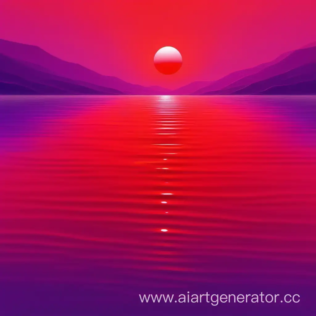 Красное солнце, вода, фиолетовый,  красный цвет,  цвета плавно перетекают друг в друга, на воде видно отражение реалистичное отражение солнца, как можно минималистичнее