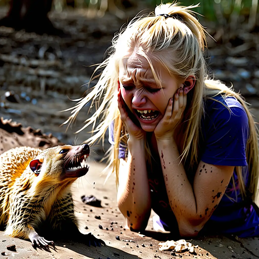 Blonde Haired Girl Crying Over a Dead Mongoose Emotional Scene of Grief and Loss