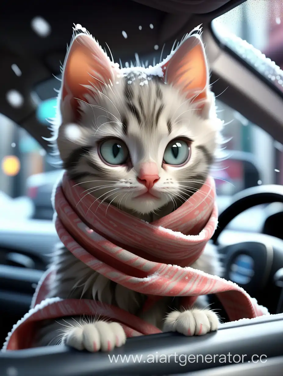 Котёнок в шарфе сидит в машине за рулём в городе, в котором снегопад, фотореалистично, 4k