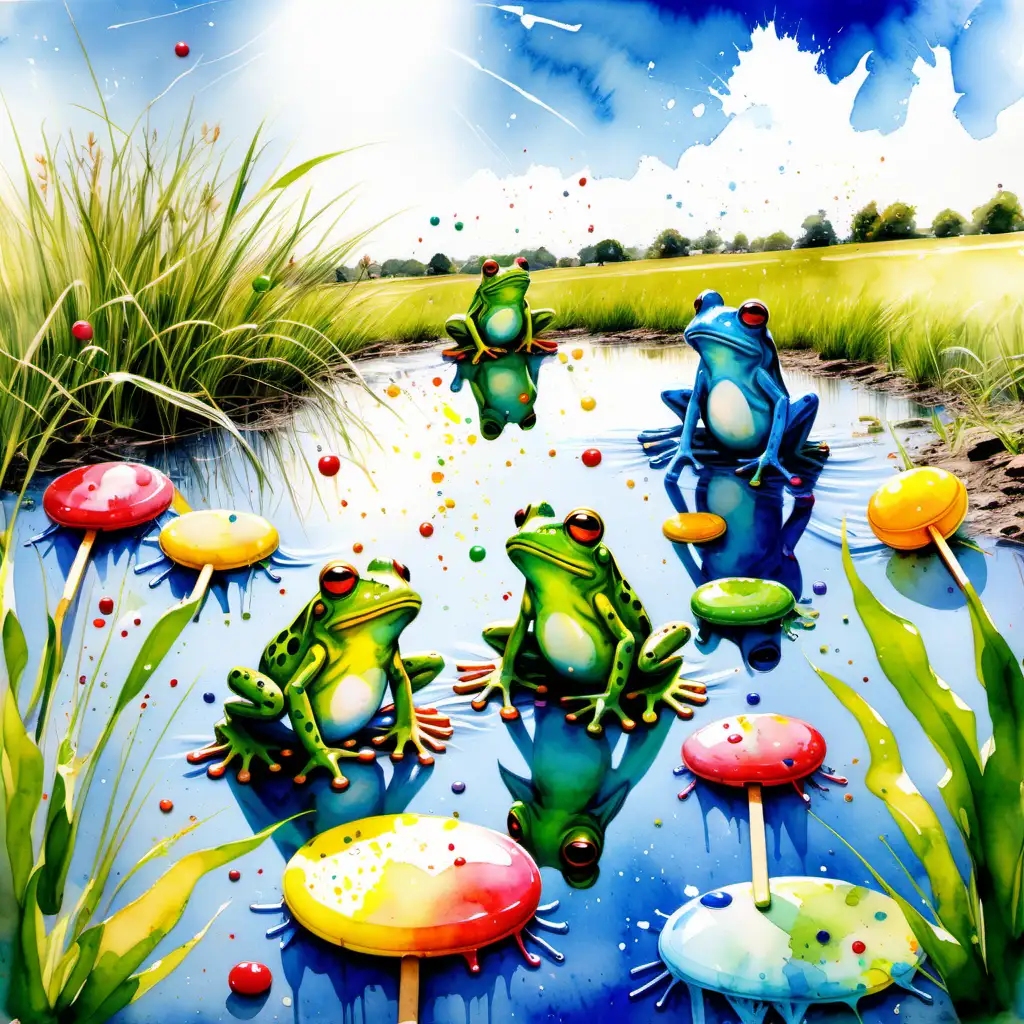 Vibrant Frogs Enjoying a Sunny Day by the Pond