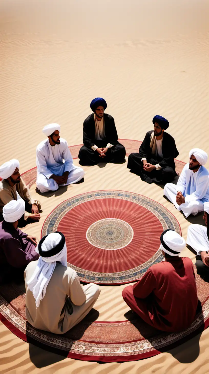 a group male Arab friends in the year 1200AD sitting in a circle talking and wearing turbans whilst sitting on a Persian mat in the desert