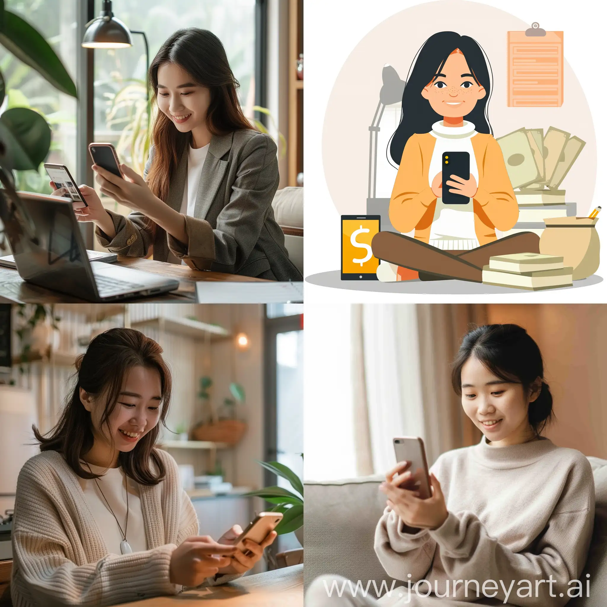 title image of make money online at home in which asian girl sitting at home working on mobile phone 