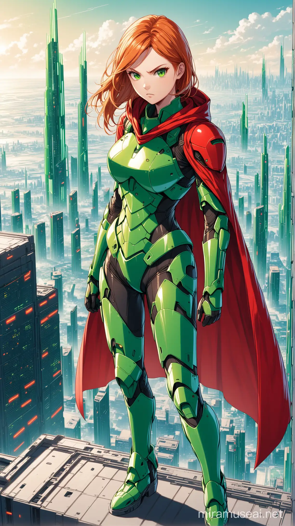 A young woman, green eyes, strawberry blonde hair, wearing green futuristic armour, determined expression, red domino mask, red cape, standing on a building in a futuristic city
