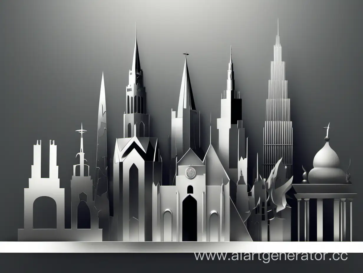 Minimalistic art in silver and dark colors. Different eras and historical places