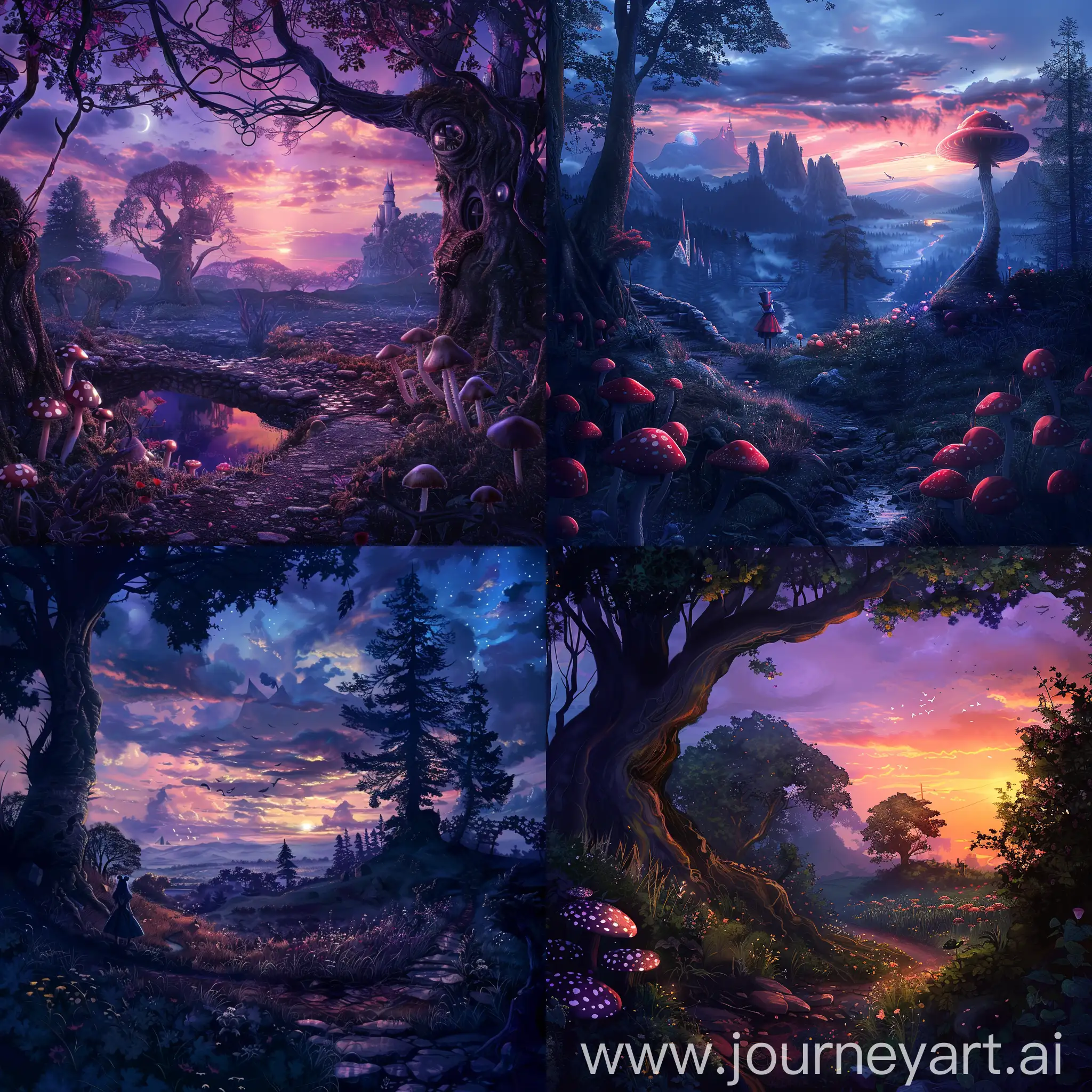 Alice in Wonderland type landscape without any character, twilight, high resolution
