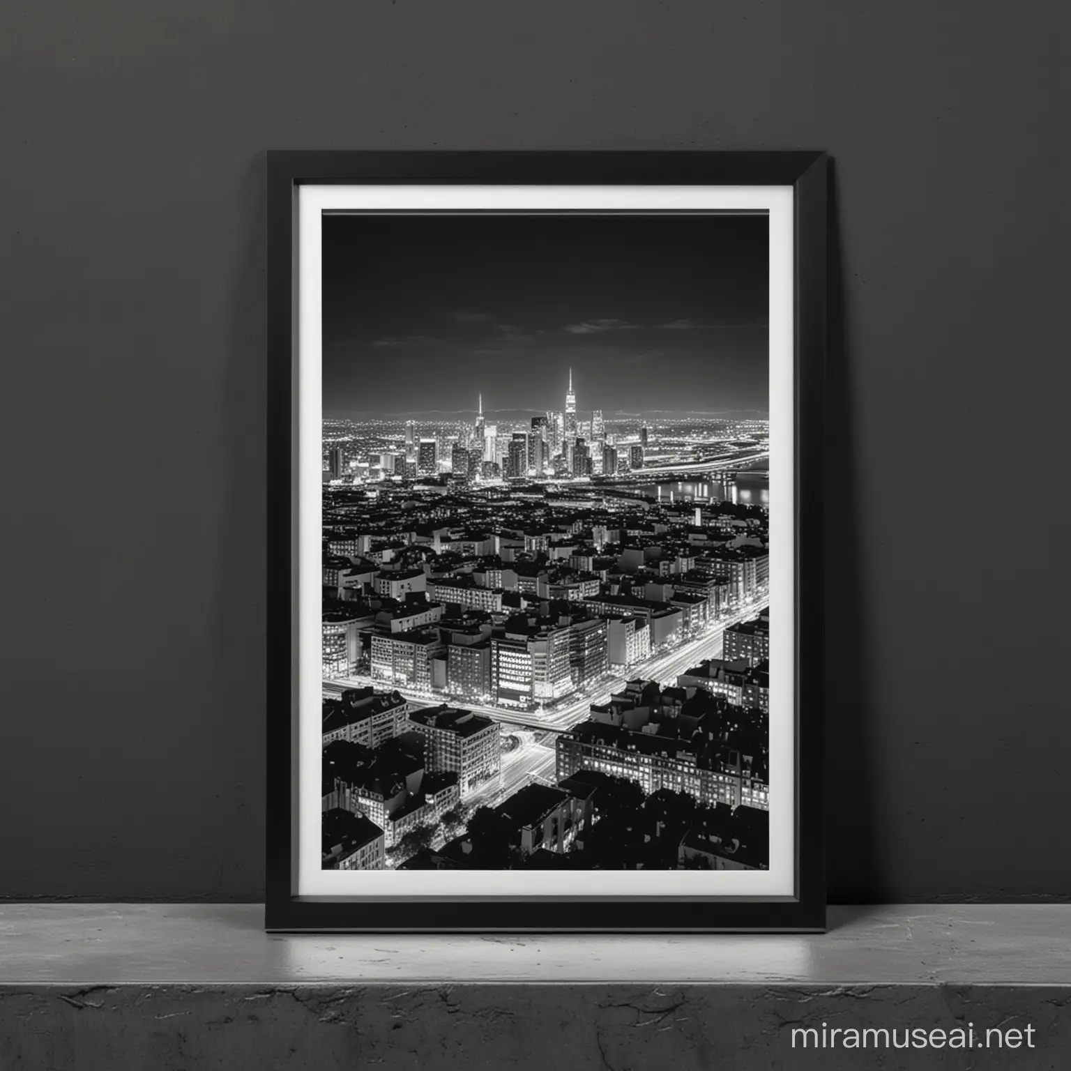 small A4 black frame mockup in the outside with a night city view