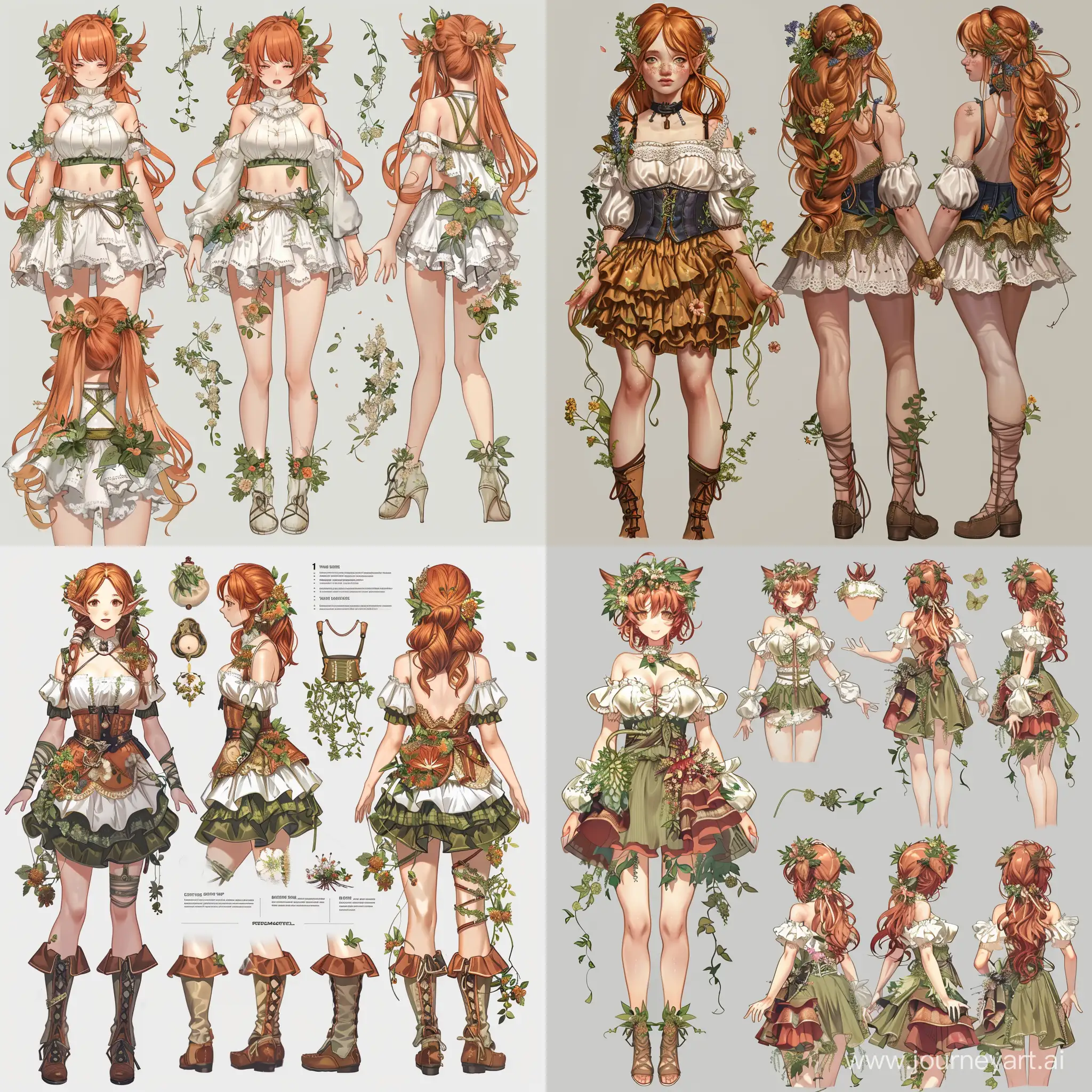 1girl, flowers and herbs in clothing, fantasy adventurer, fantasy world dweller, ruffles, hair decoration, skirt, beautiful concise background design, virtual youtuber, cute, ruddy, friendly, full body and head views, character acceptance reference sheet