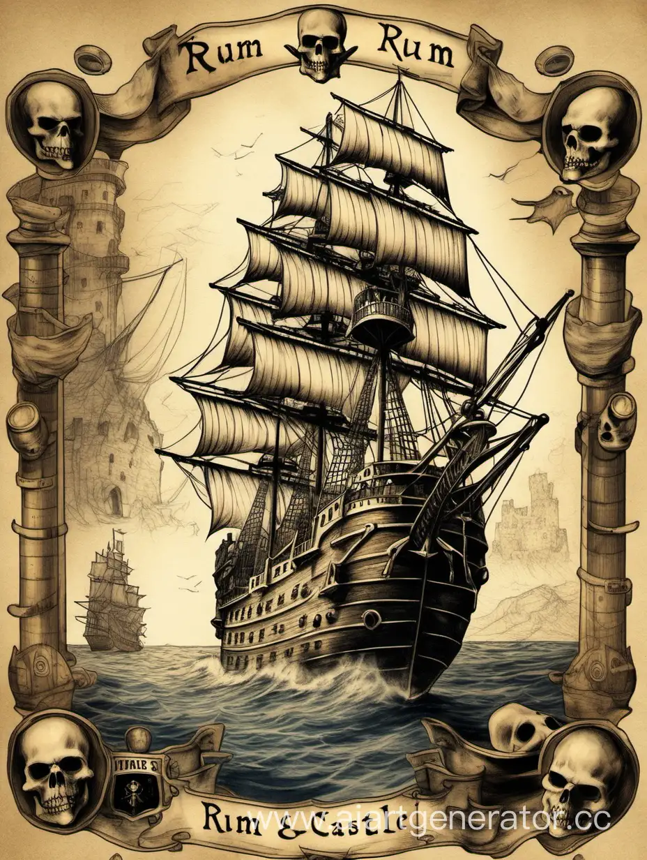 Этикетка, ром, старый замок, корабль, море, сумерки, пираты, череп, рисунок карандашом, бежевые тона