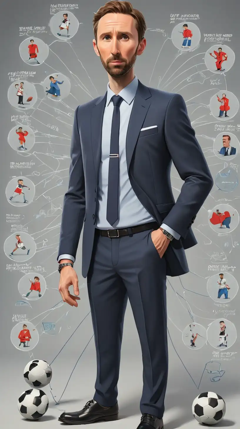 Drawing of Gareth Southgate wearing a suit ,Surrounded is a football strategy diagram
, 3d cartoon,wearing shoes,