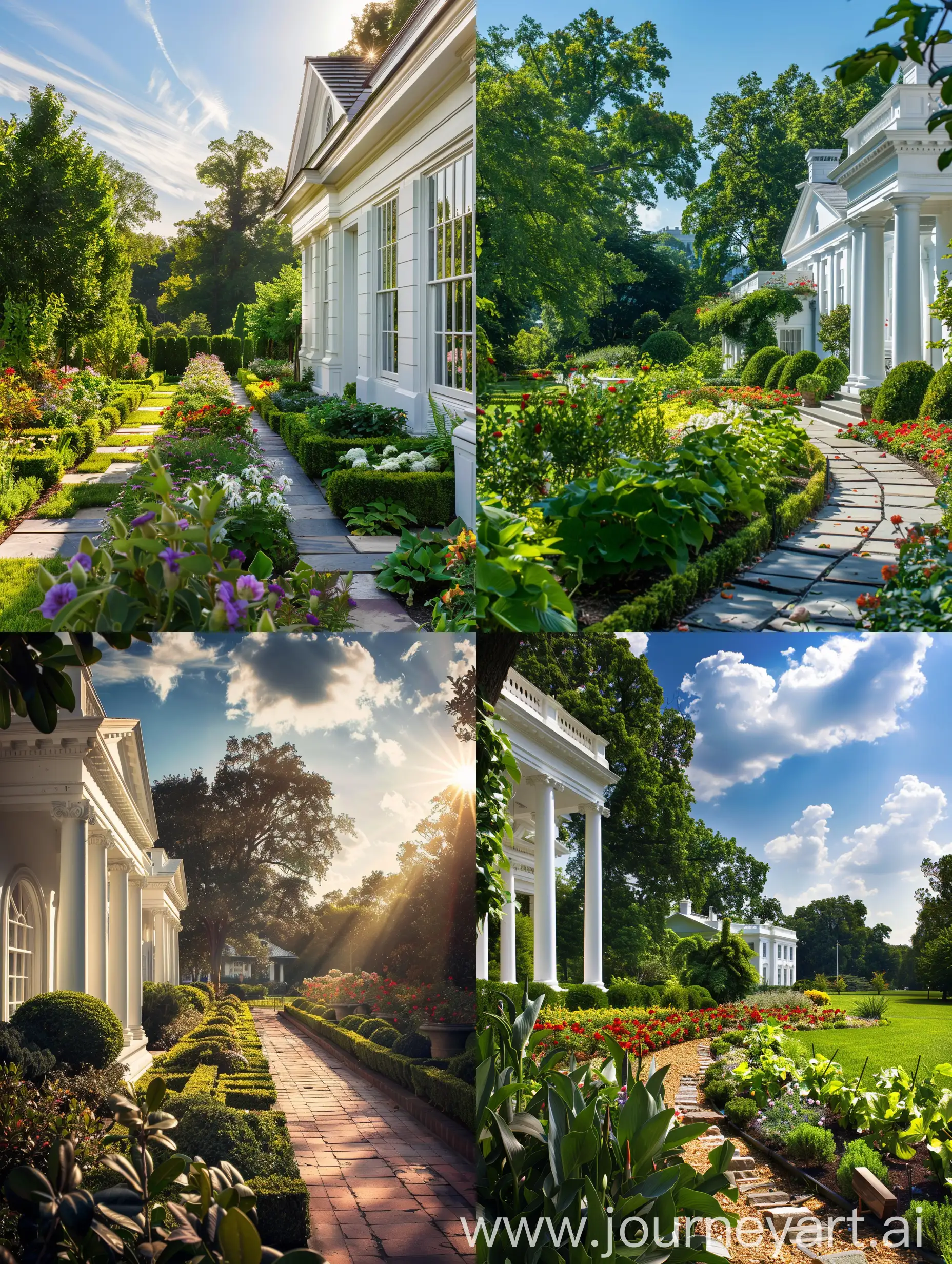 A garden next to an American white house, sunny weather, realistic, wallpaper
