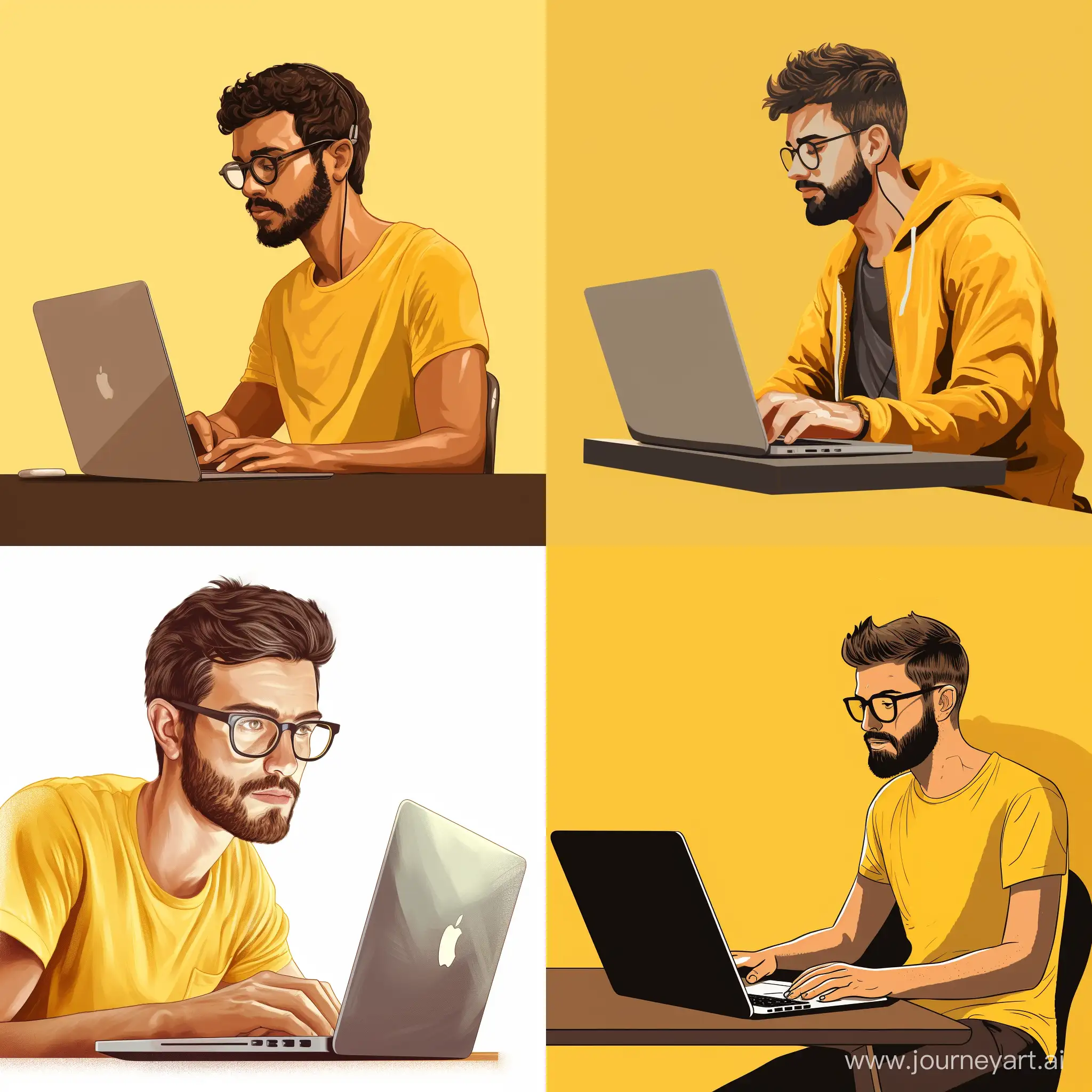 man working at laptop he wearing yello tshirt, eye glass little berad