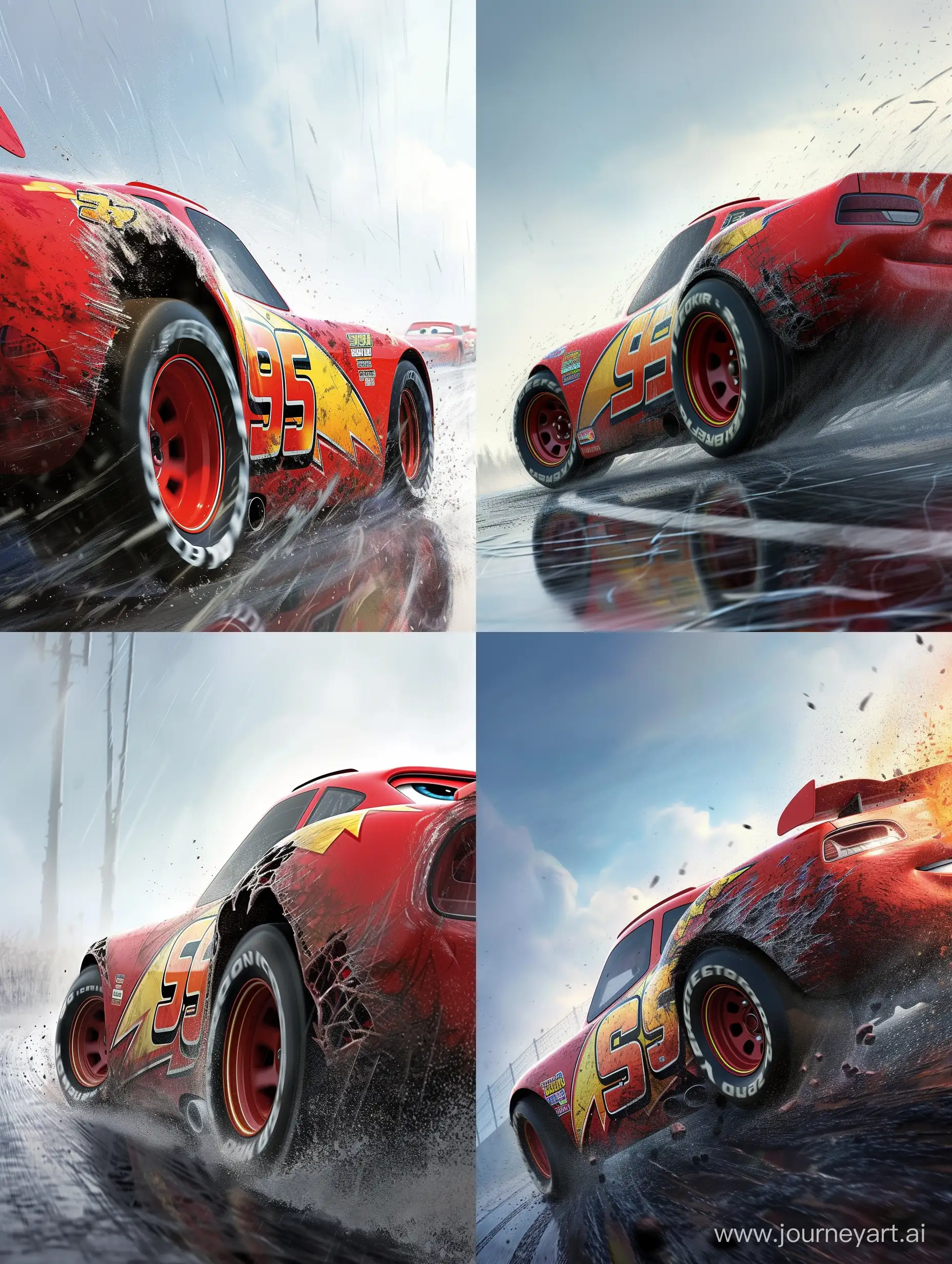 
Create a movie poster of cars 3 in which lightning McQueen is dead and his back part is totally damaged 
Style - Disney media franchise based art style