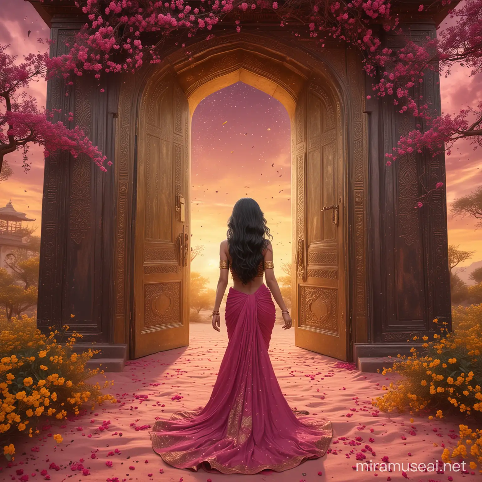 A beautiful woman, from behind, walking to an opened golden arabian door, surrounded by dark yellow flowers and dark pink dust. Long wavy black hair. Elegant long dark yellow and dark pink sari dress, haute couture. Background a dark pink sky with nebula and dark pink clouds. Big floral trees. 8k, fantasy, illustration, digital art, illustration art, fantasy art, fantasy style