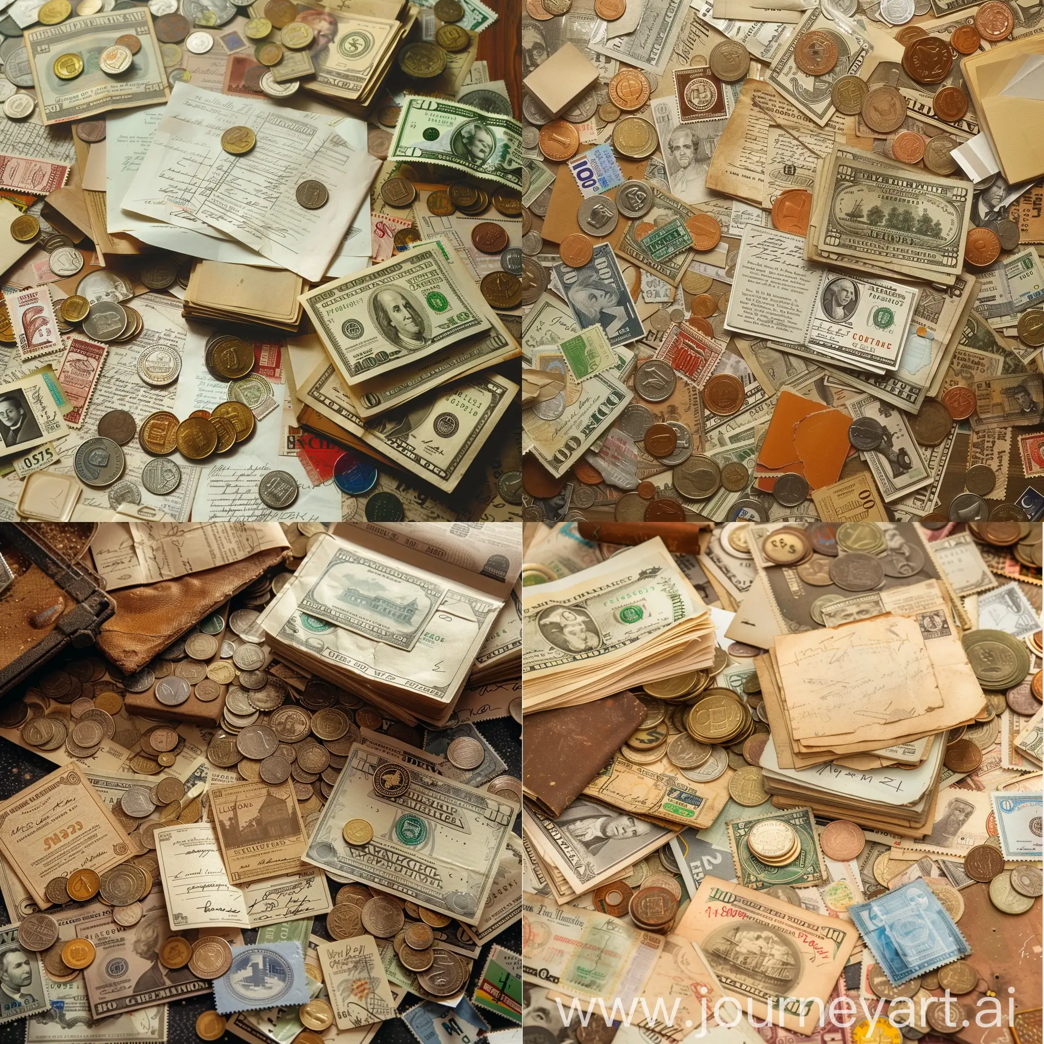 композиция завод старые деньги и монеты документы и почтовые марки хаотично размещены на картине