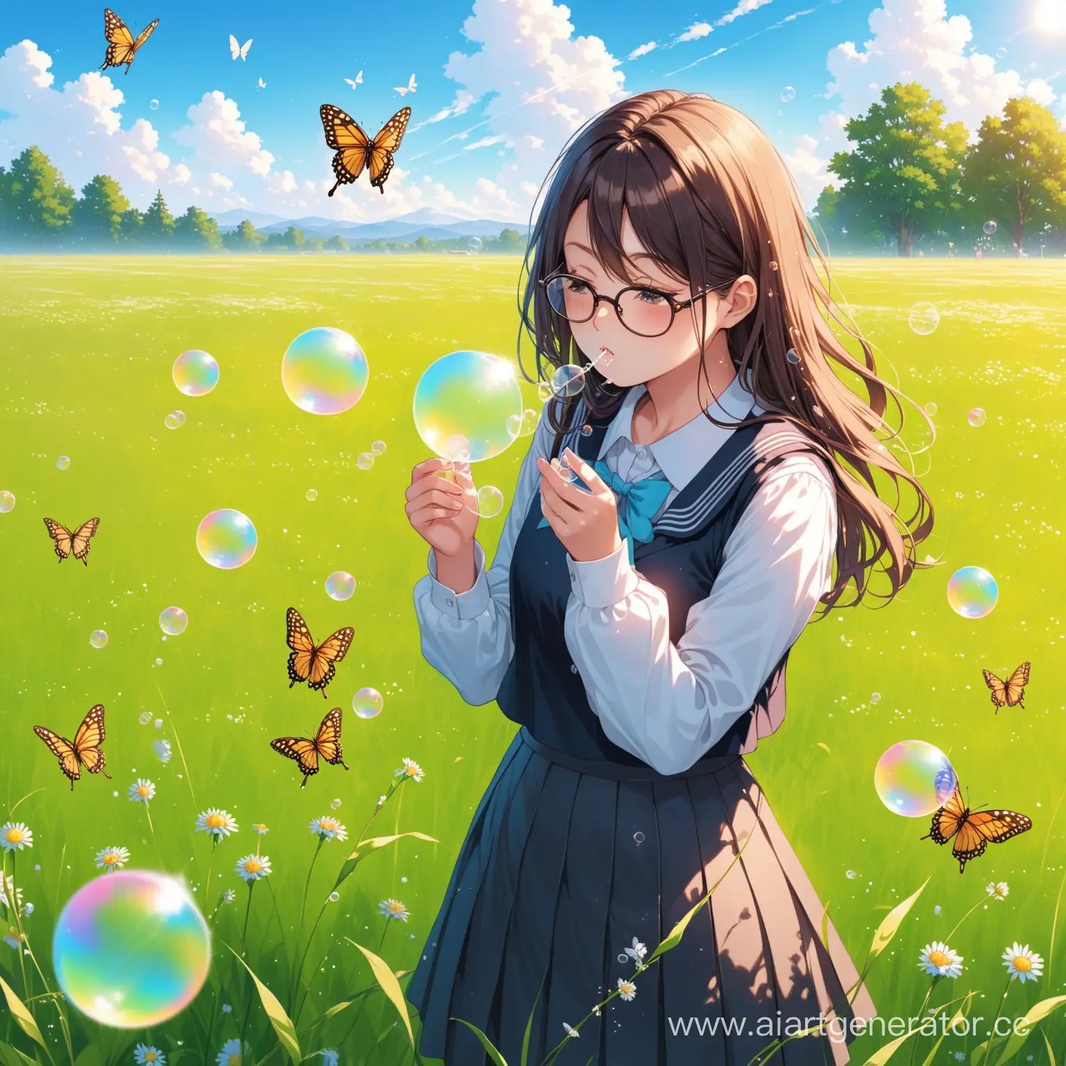 Schoolgirl-Blowing-Soap-Bubbles-in-ButterflyFilled-Meadow