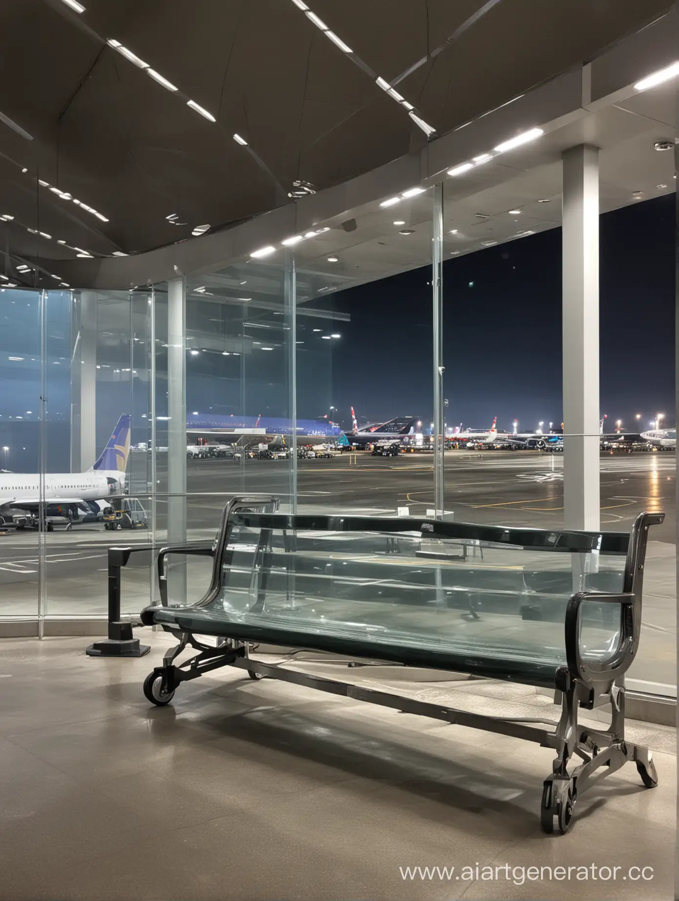 Лавочка в аэропорте внутри здания расположенная горизонтально фотографии,сзади лавочки прозрачное стекло и видно взлетную полосу ночное фото