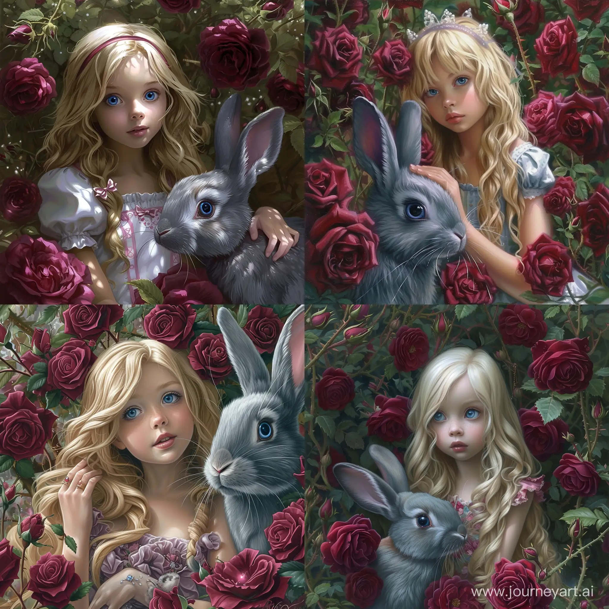 Алиса , милая девочка, блондинка, с голубыми глазами из сказки Алиса в стране чудес, рядом бордовые розы, серый кролик