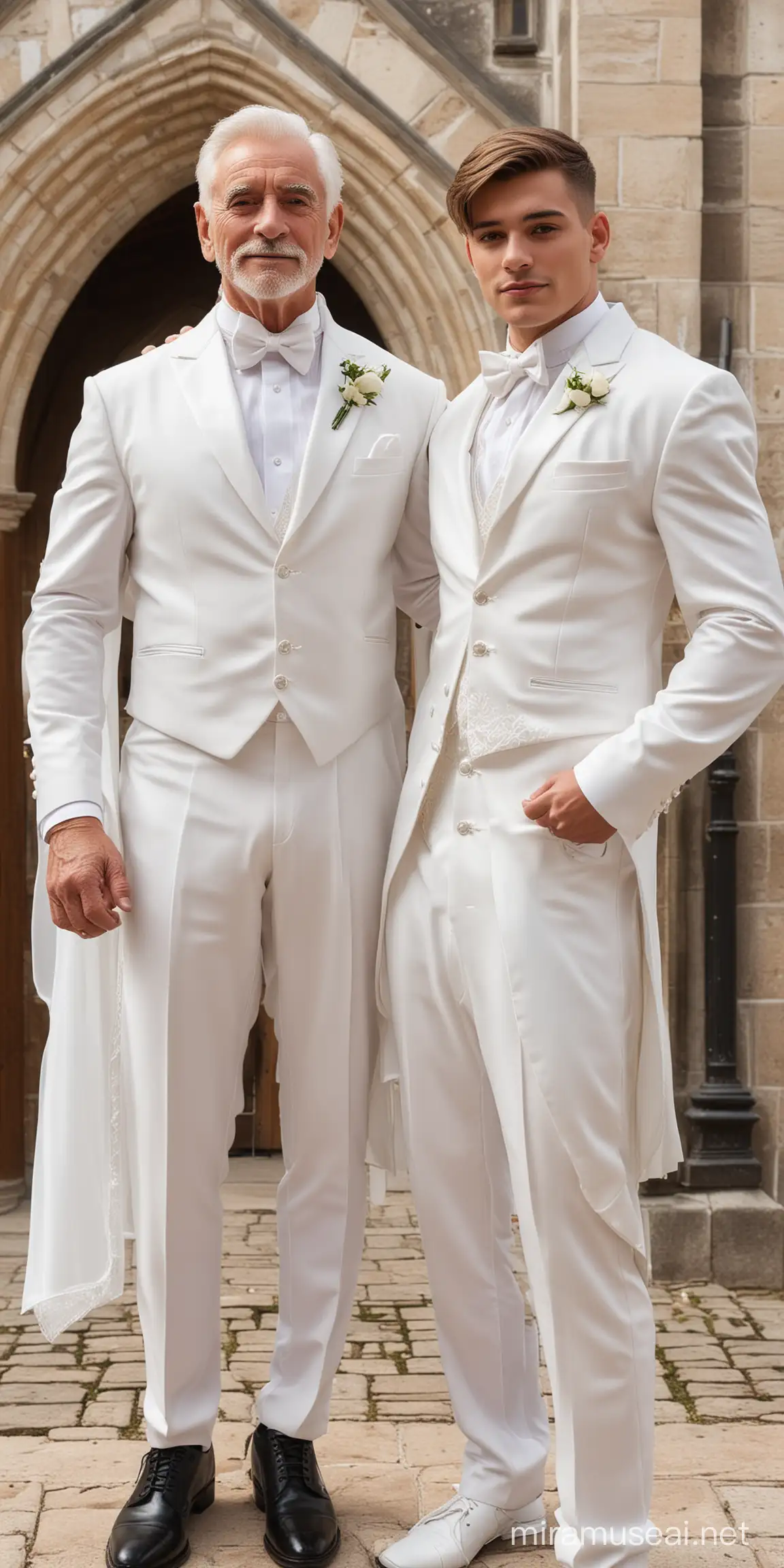 Young and old gay wedding, hot,handsome, beautiful, sexy, big fat, beefy muscular grandfather as groom wearing white tuxedo with young beautiful crossdresser Twink boyfriend as bride in white wedding dress. Background of old beautiful chapel 