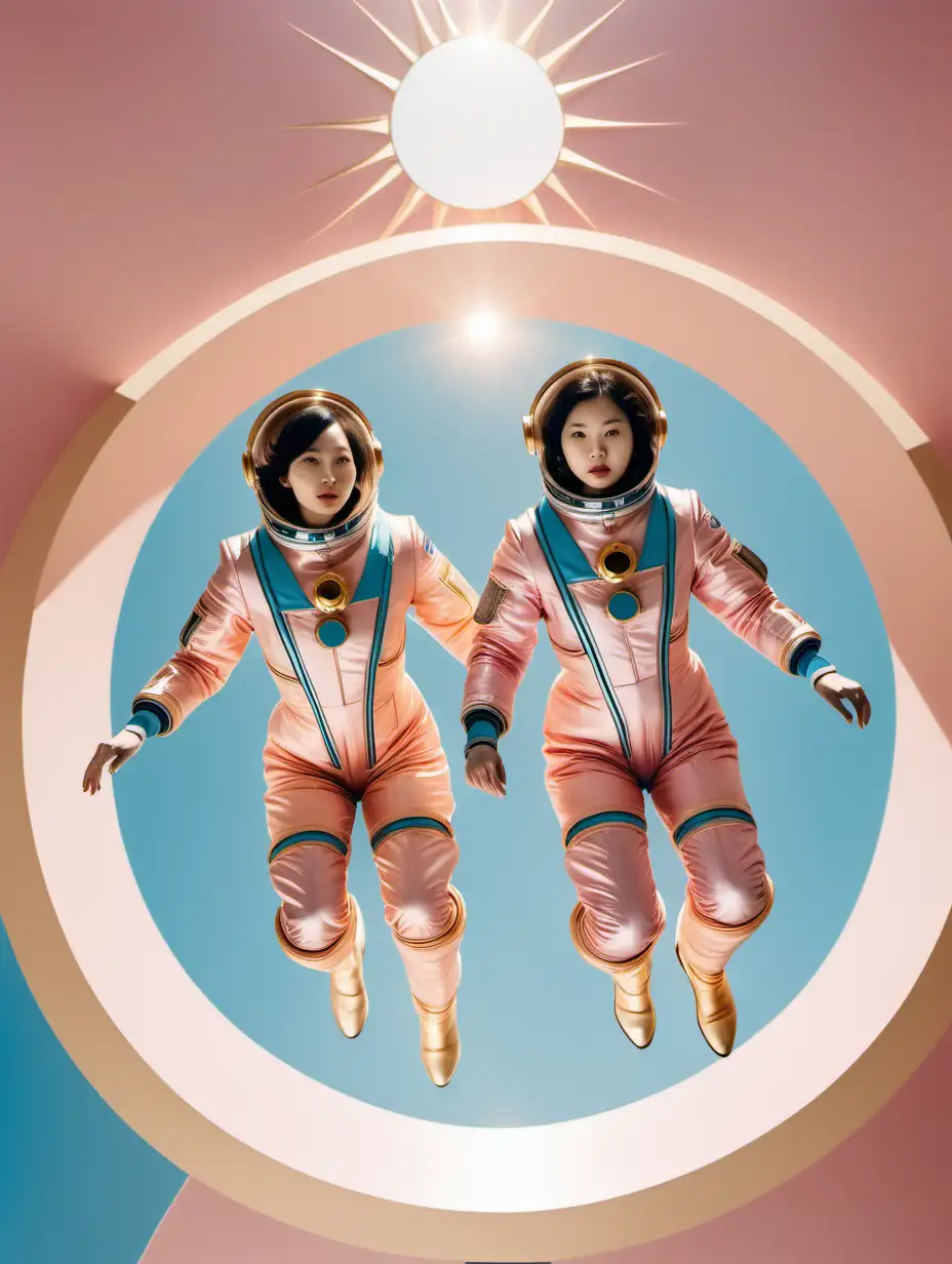 top view of two chinese women wearing haute couture space suits flying in front of the sun with jasmine, light blue and gold and pink, cinematic, wes anderson color palette, 35 mm