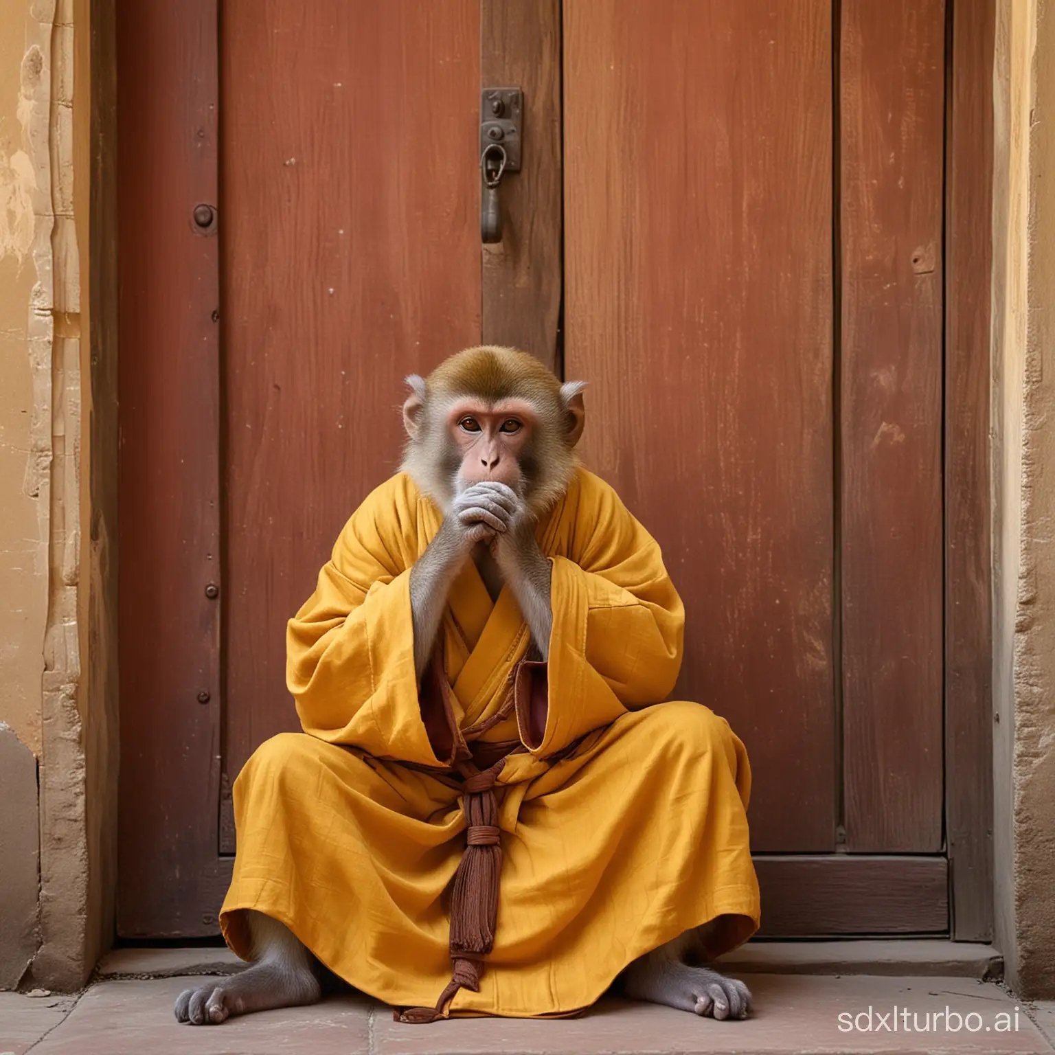 Meditating-Monkey-in-Yellow-Monks-Robe-by-Red-Door