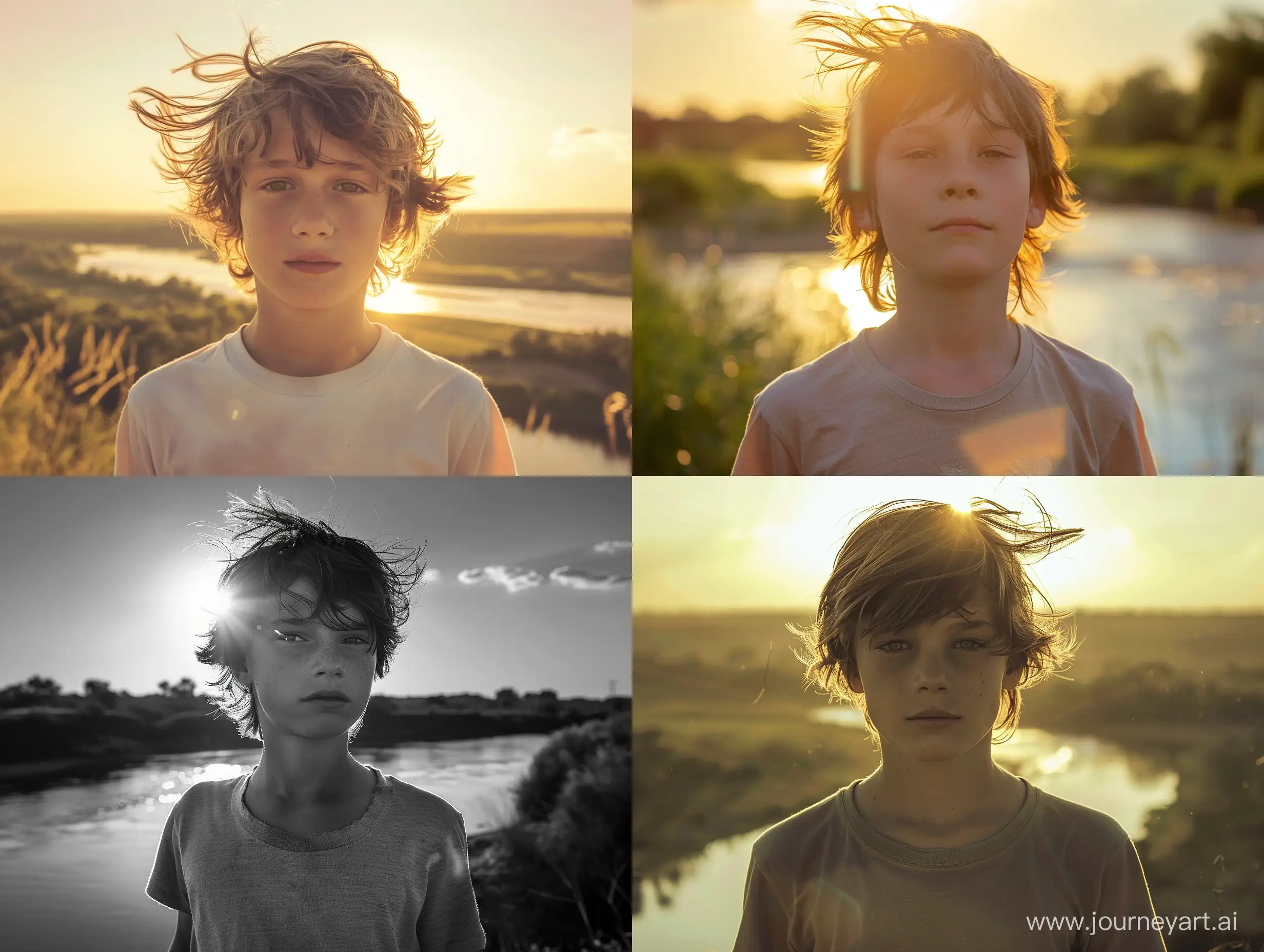 фото мальчика 12 лет , портрет по грудь,анфас ,в майке, полдень,ветер обдувает волосы,освещен солнцем, смотрит в даль ,на фоне реки,